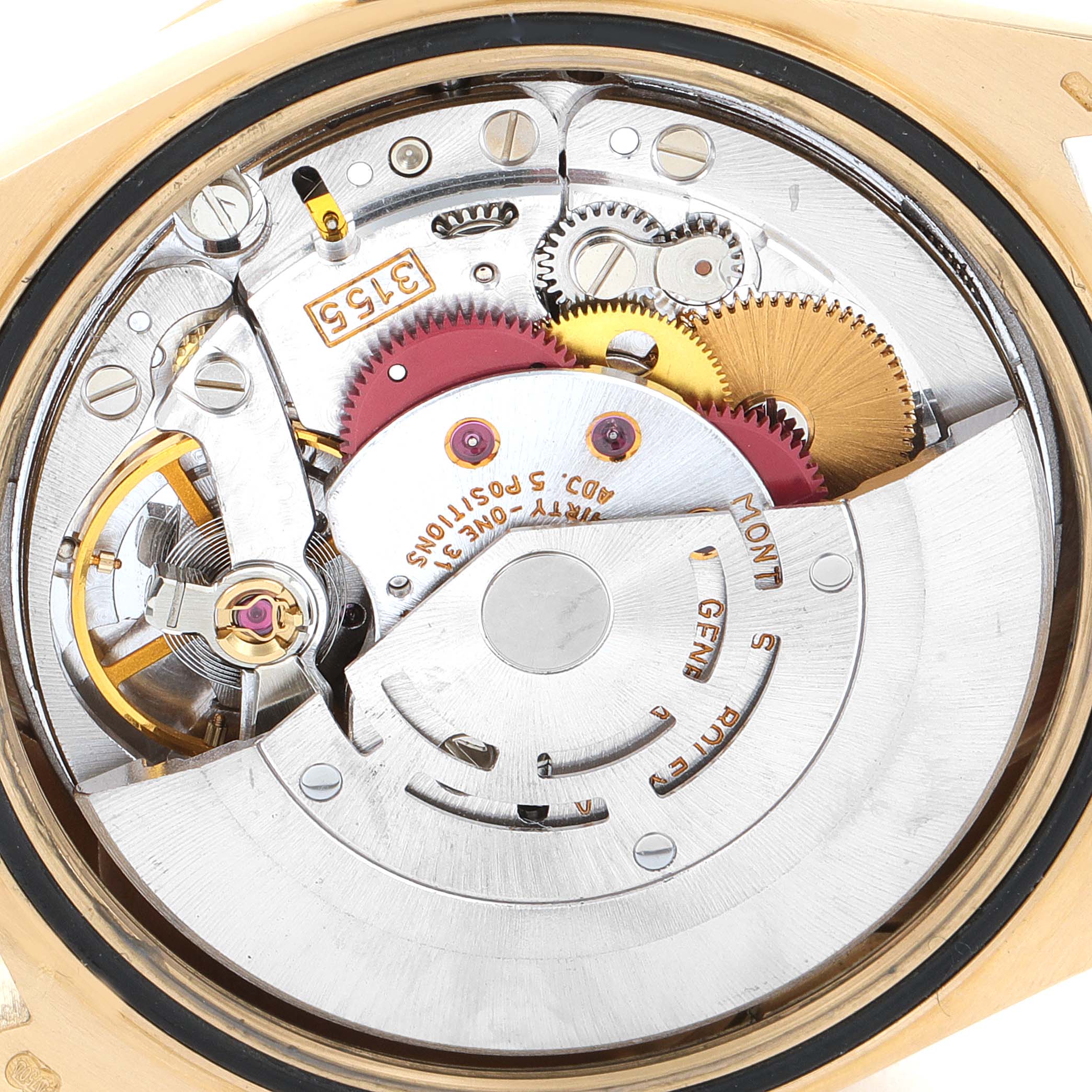 This image shows the internal movement mechanism of a Rolex President 18238 Men
s Yellow Gold Champagne Dial 18238 Men
s Yellow Gold Champagne Dial watch, including gears and other components.