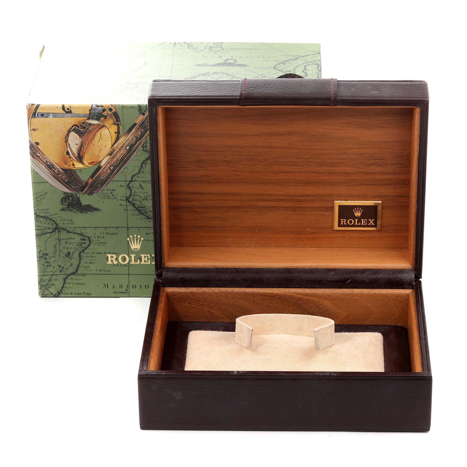 The image shows an open wooden Rolex watch box with a cushion support, designed for the President model, along with its outer packaging.
