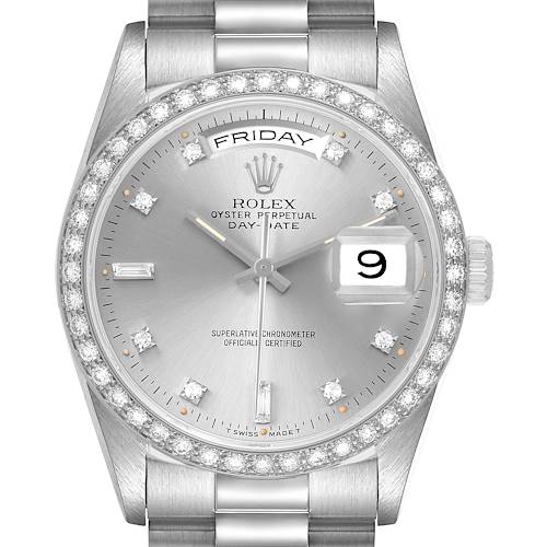 The Rolex President 18349 Men's White Gold Silver Dial model watch is shown from a front angle, featuring a diamond-set bezel, day and date display, and a silver dial.
