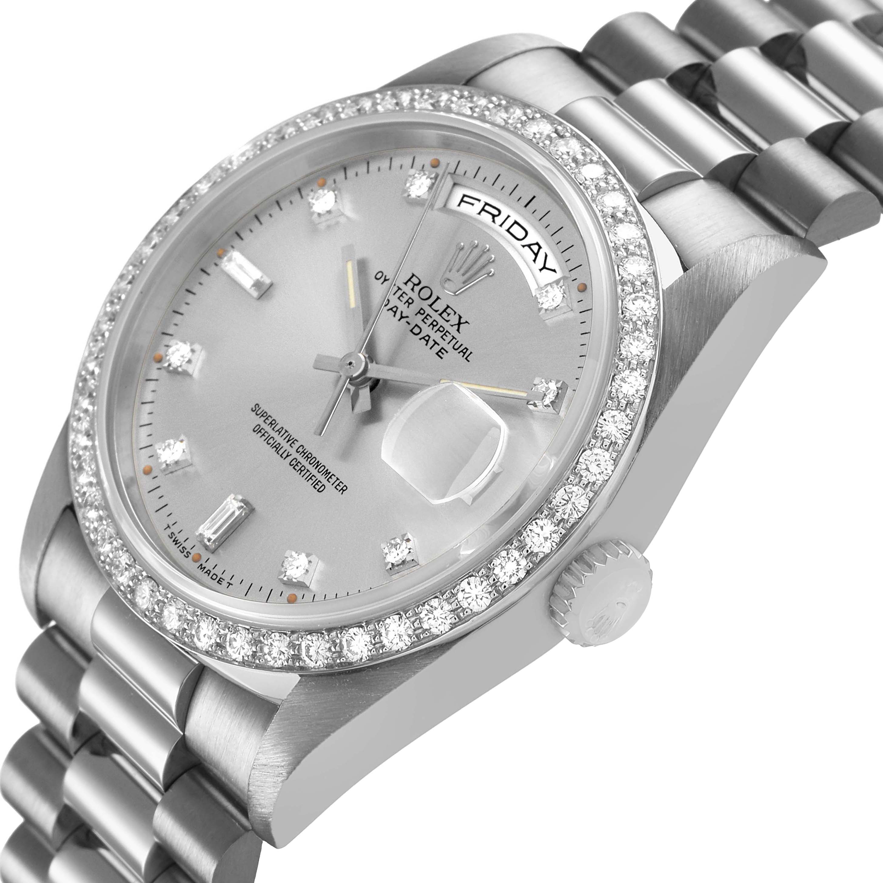 The Rolex President 18349 Mens White Gold Silver Dial model watch is shown at an angled side view, highlighting the bezel, dial, and bracelet.