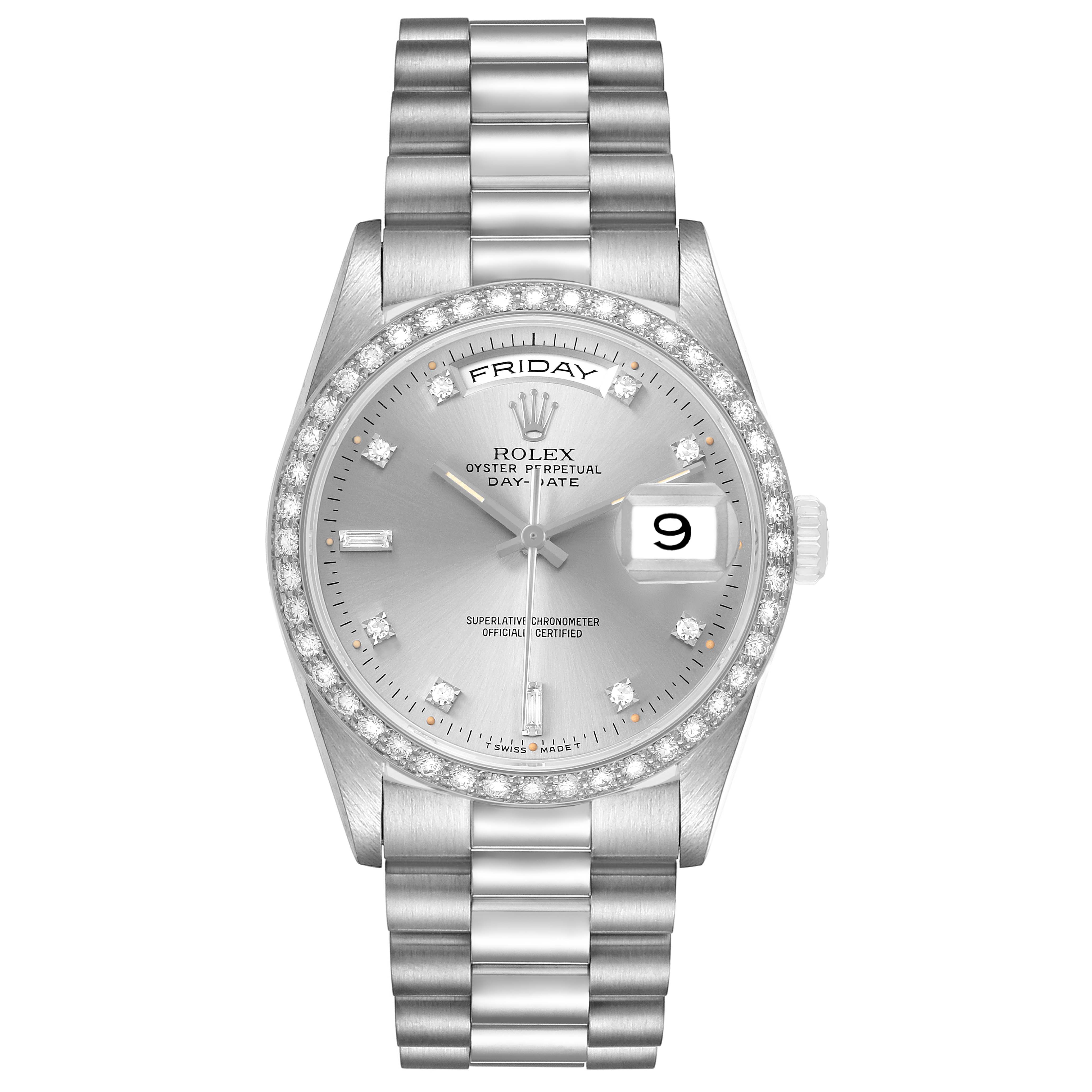 The Rolex President 18349 Men's White Gold Silver Dial model is shown from the front, featuring its dial, bezel, bracelet, and day-date display.