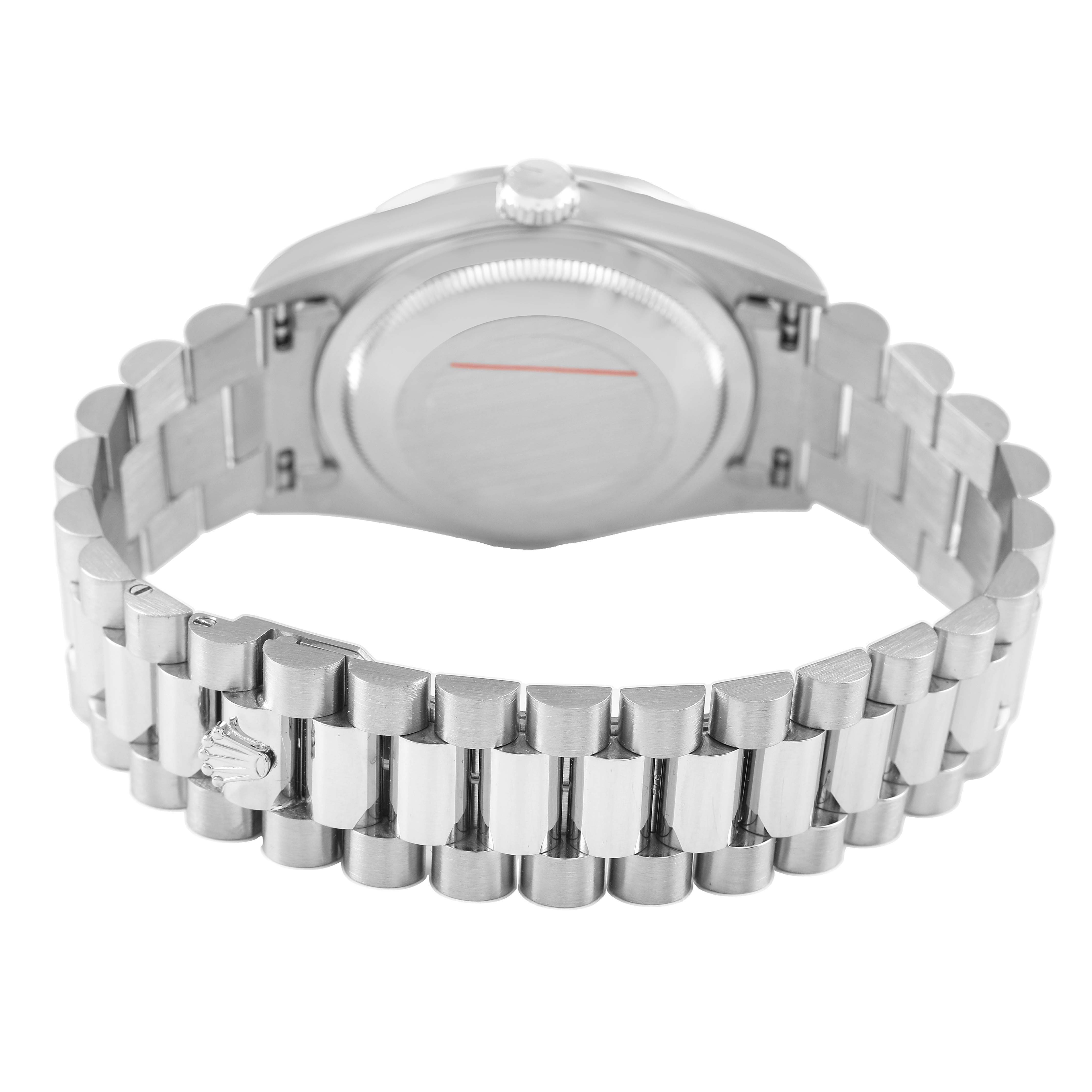 The image shows the back view of a Rolex President 18349 Men's White Gold Silver Dial model, highlighting the clasp and bracelet.