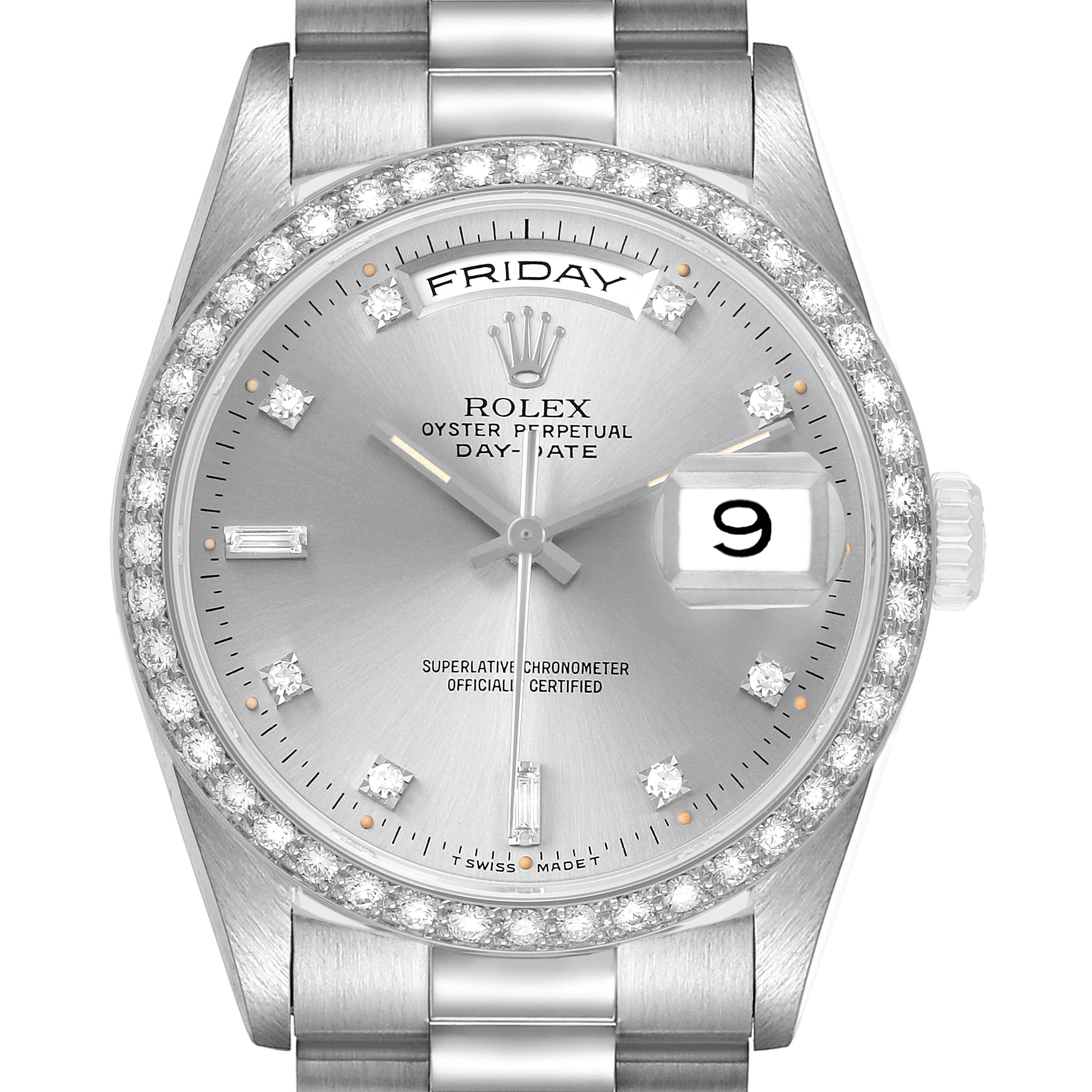 The Rolex President 18349 Men's White Gold Silver Dial model is shown from the front, highlighting the dial, bezel, day-date window, and bracelet attachment.
