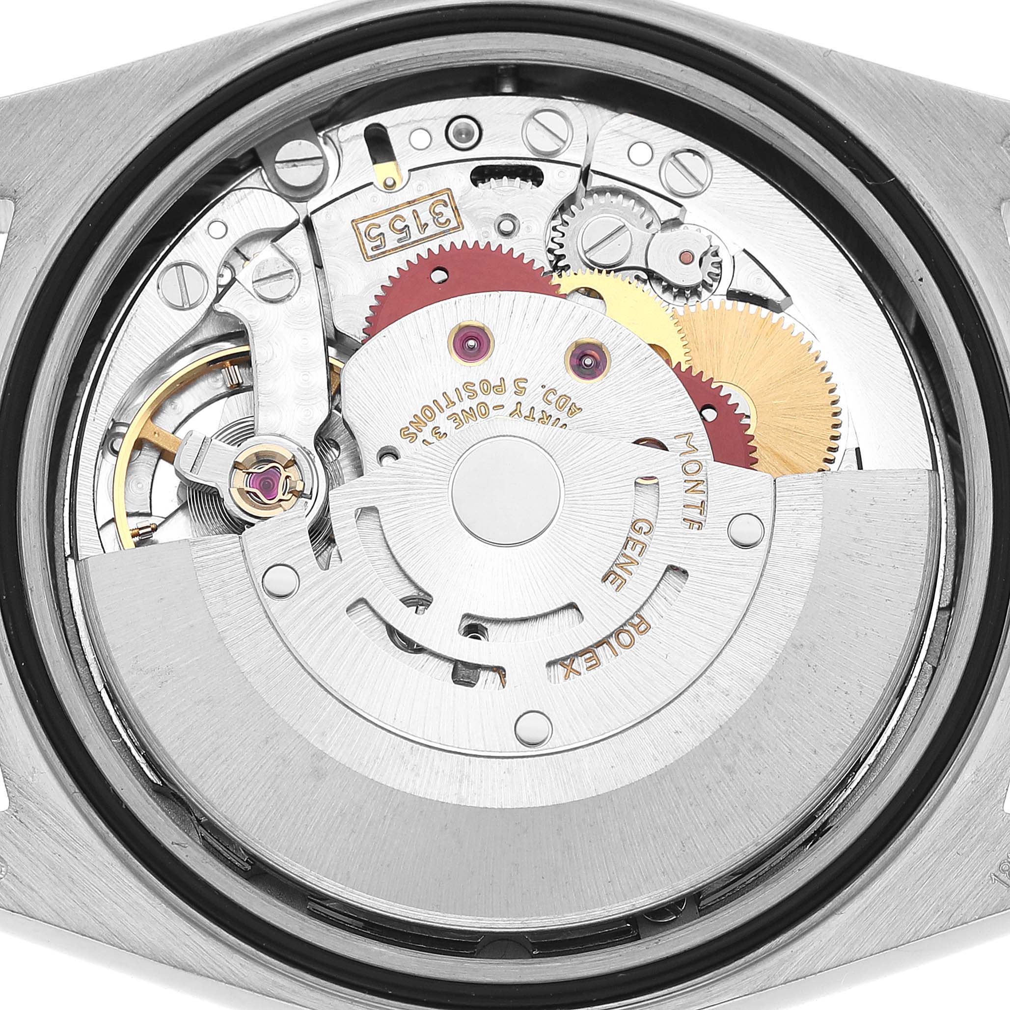 The image shows the movement mechanism from the back of a Rolex President 18349 Men's White Gold Silver Dial model watch.