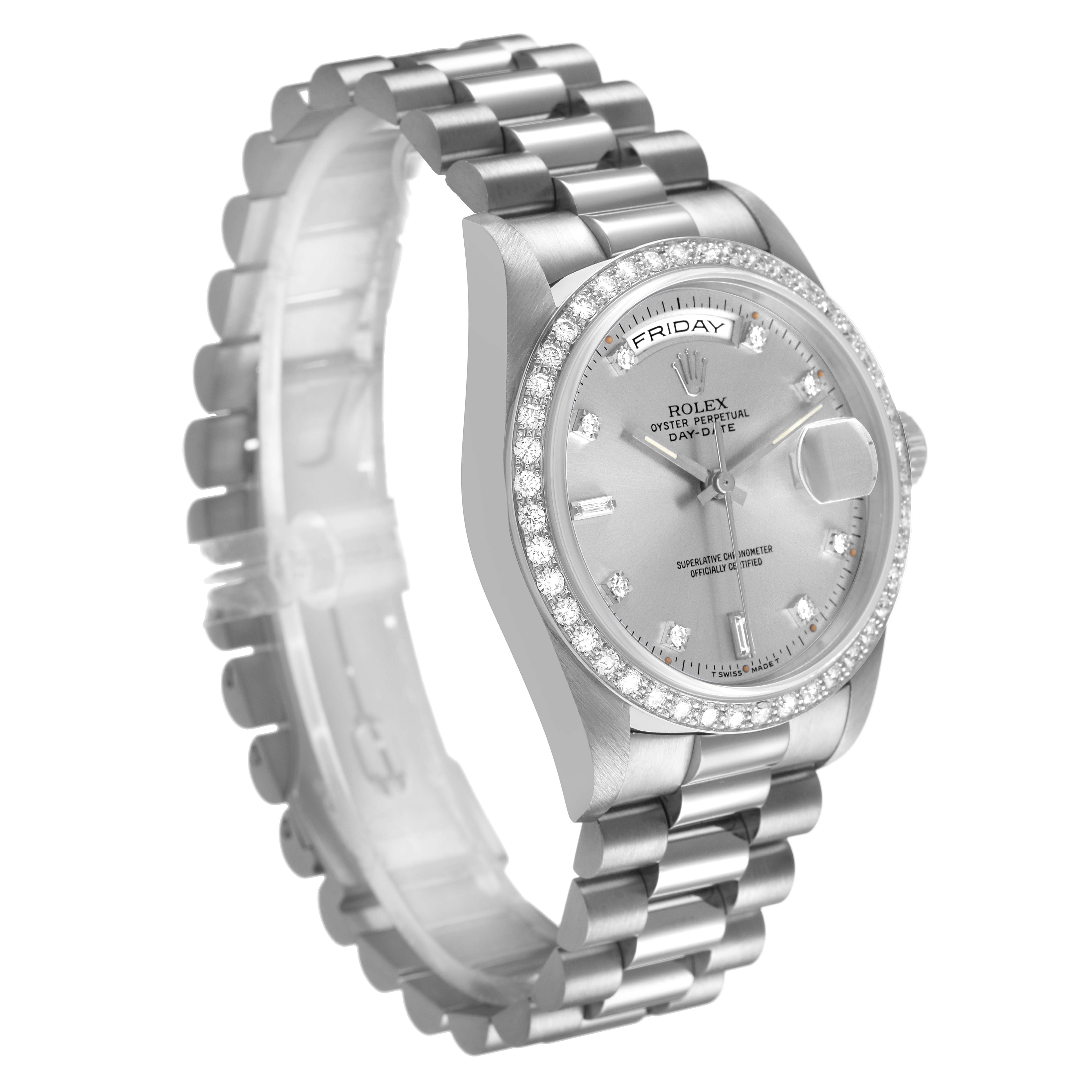 The image shows the Rolex President 18349 Men's White Gold Silver Dial watch at a three-quarter angle, highlighting the bracelet, case, and diamond bezel.