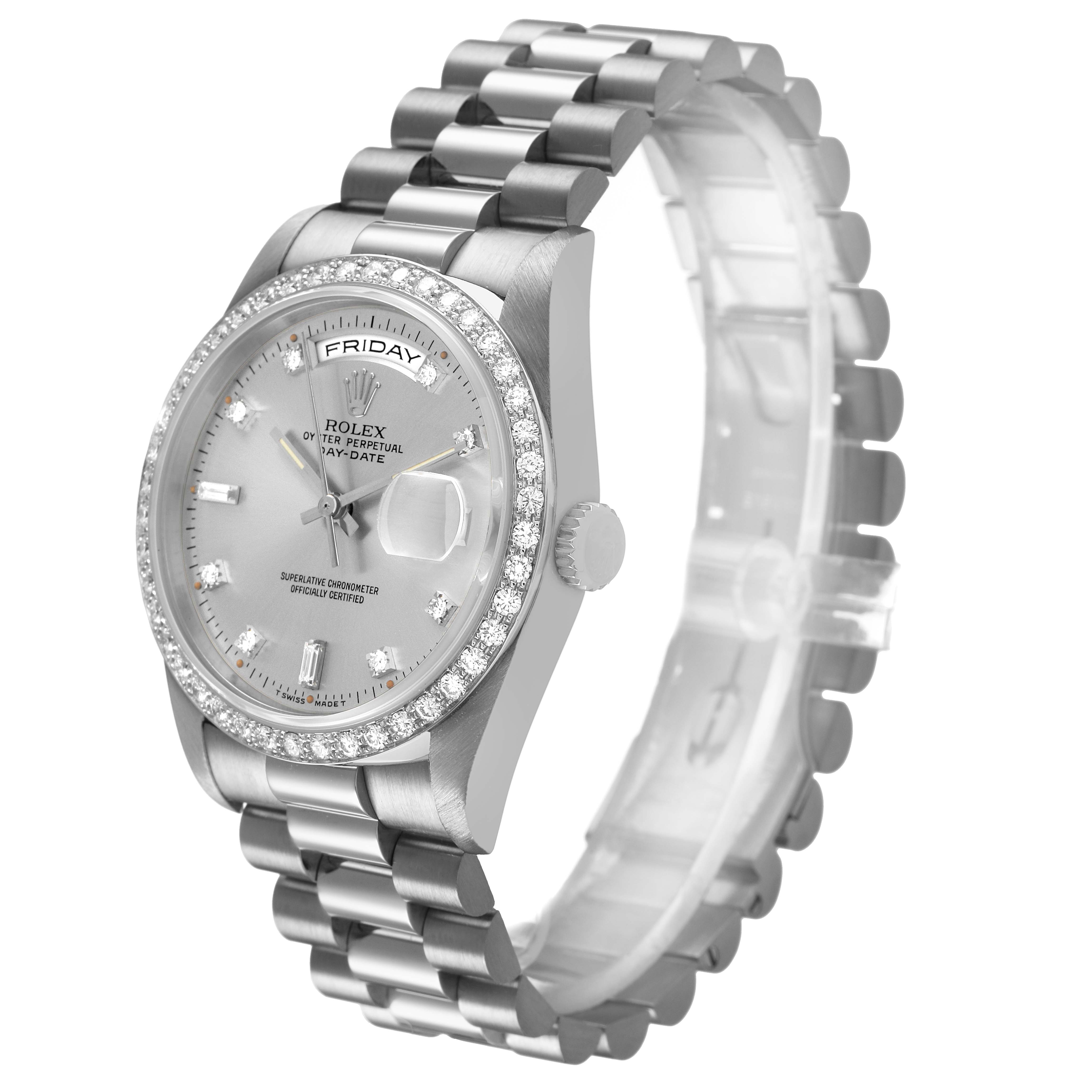 The image shows a side angle of a Rolex President 18349 Men's White Gold Silver Dial model, highlighting the face, bezel, and bracelet.