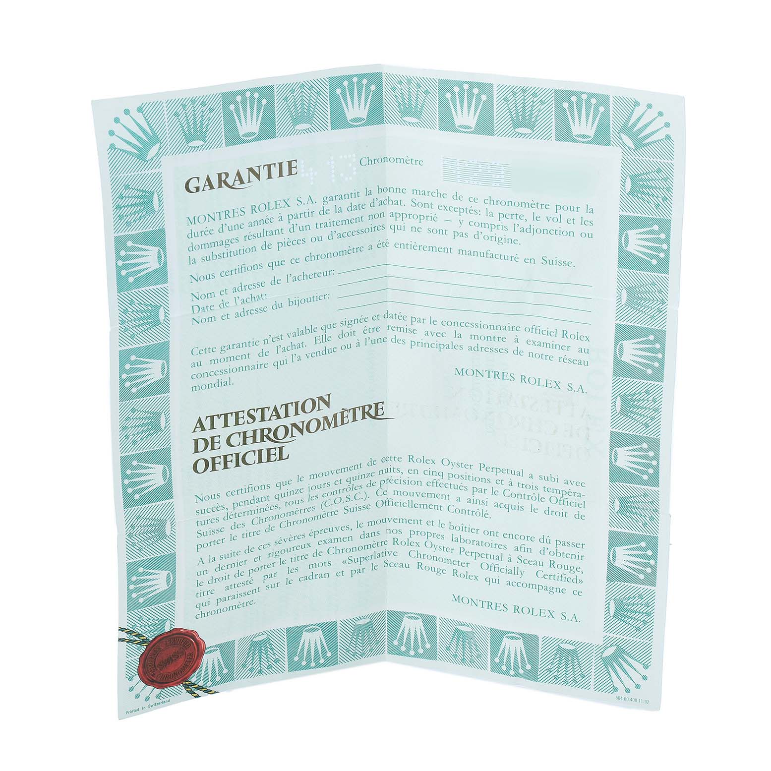 The image shows a Rolex President 18349 Men's White Gold Silver Dial model warranty certificate with official text and branding.