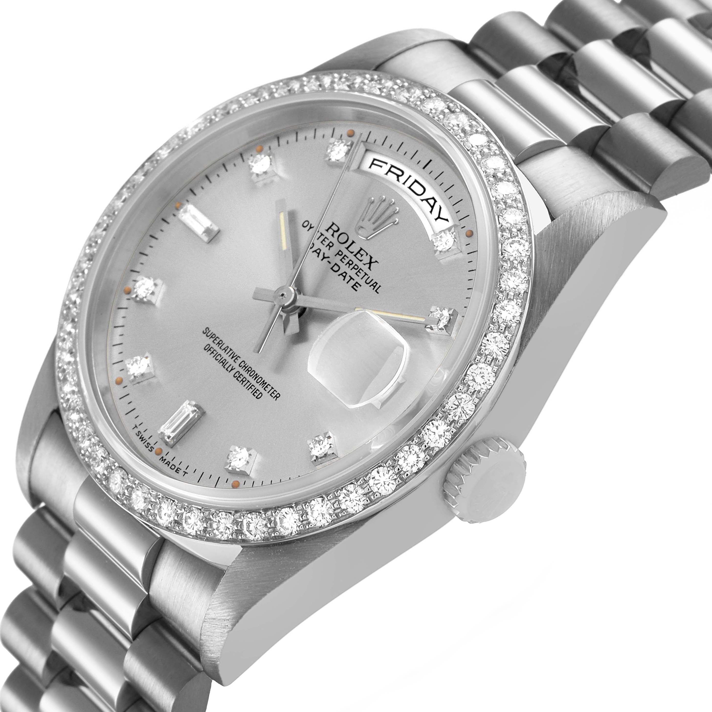 The Rolex President 18349 Men's White Gold Silver Dial watch is shown at a slight angle, highlighting the face, bezel, and bracelet.