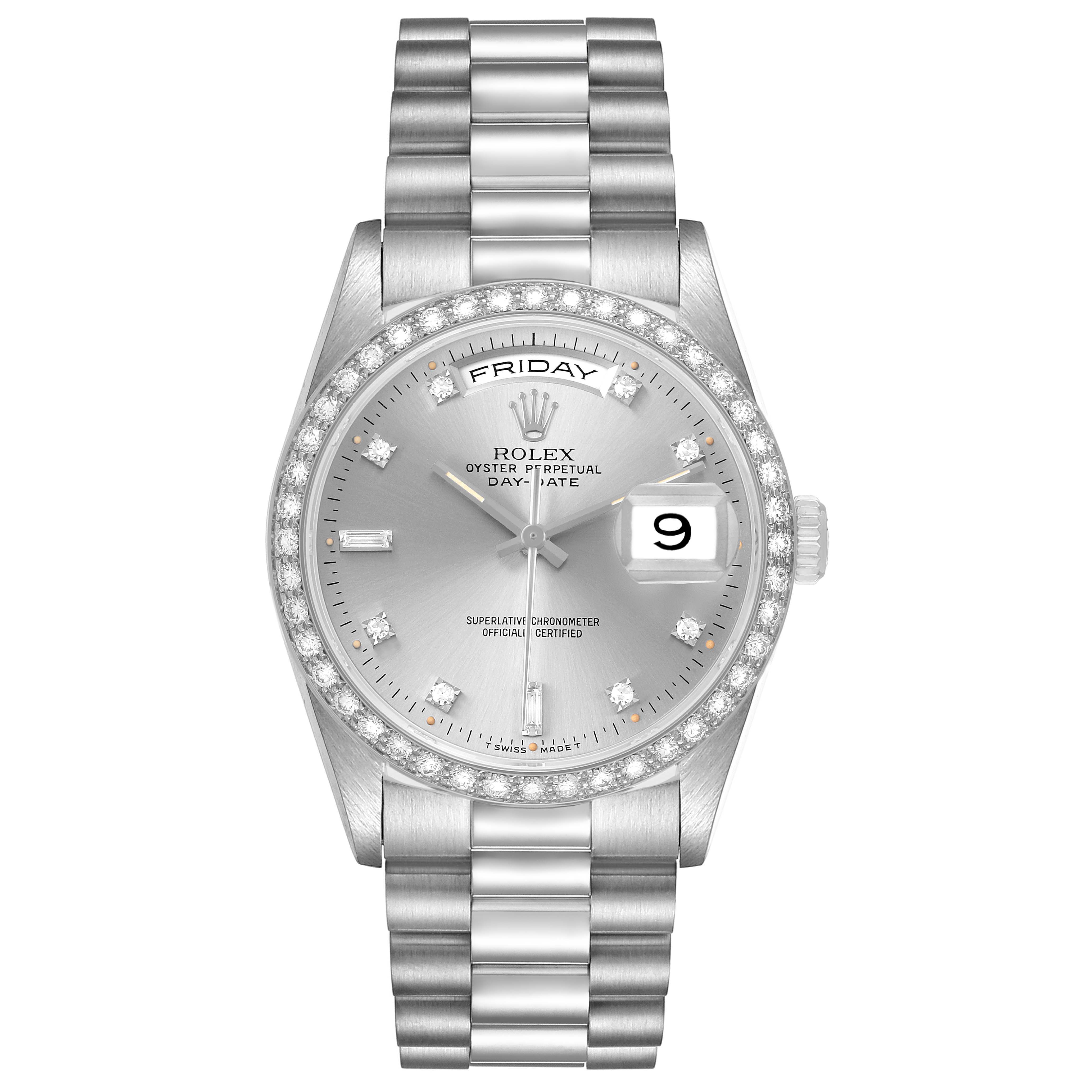 The Rolex President 18349 Mens White Gold Silver Dial model is shown from a top view, highlighting its silver dial, diamond bezel, and bracelet.