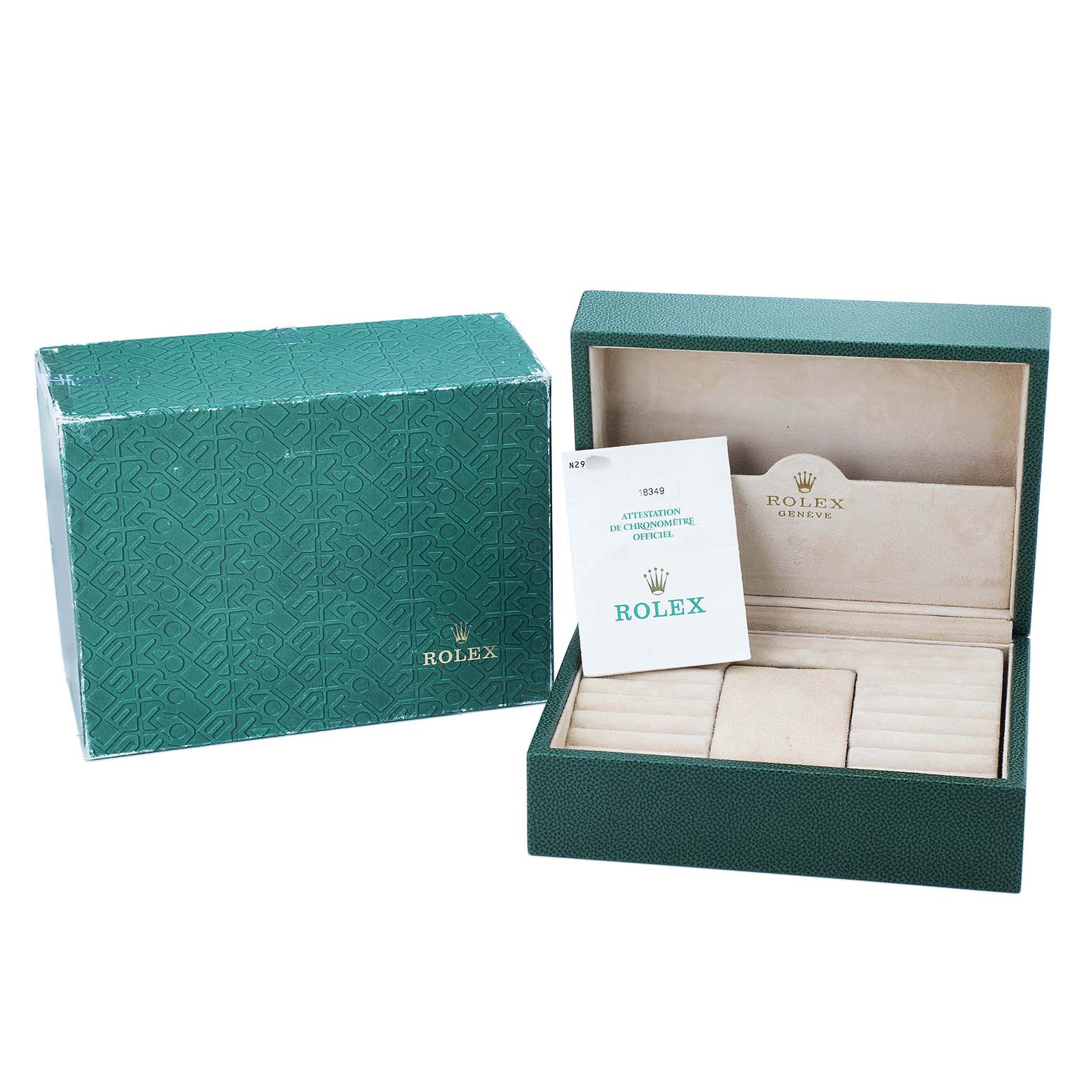The image shows the packaging and inner box for a Rolex President 18349 Men's White Gold Silver Dial model watch, including a green outer box and display case.