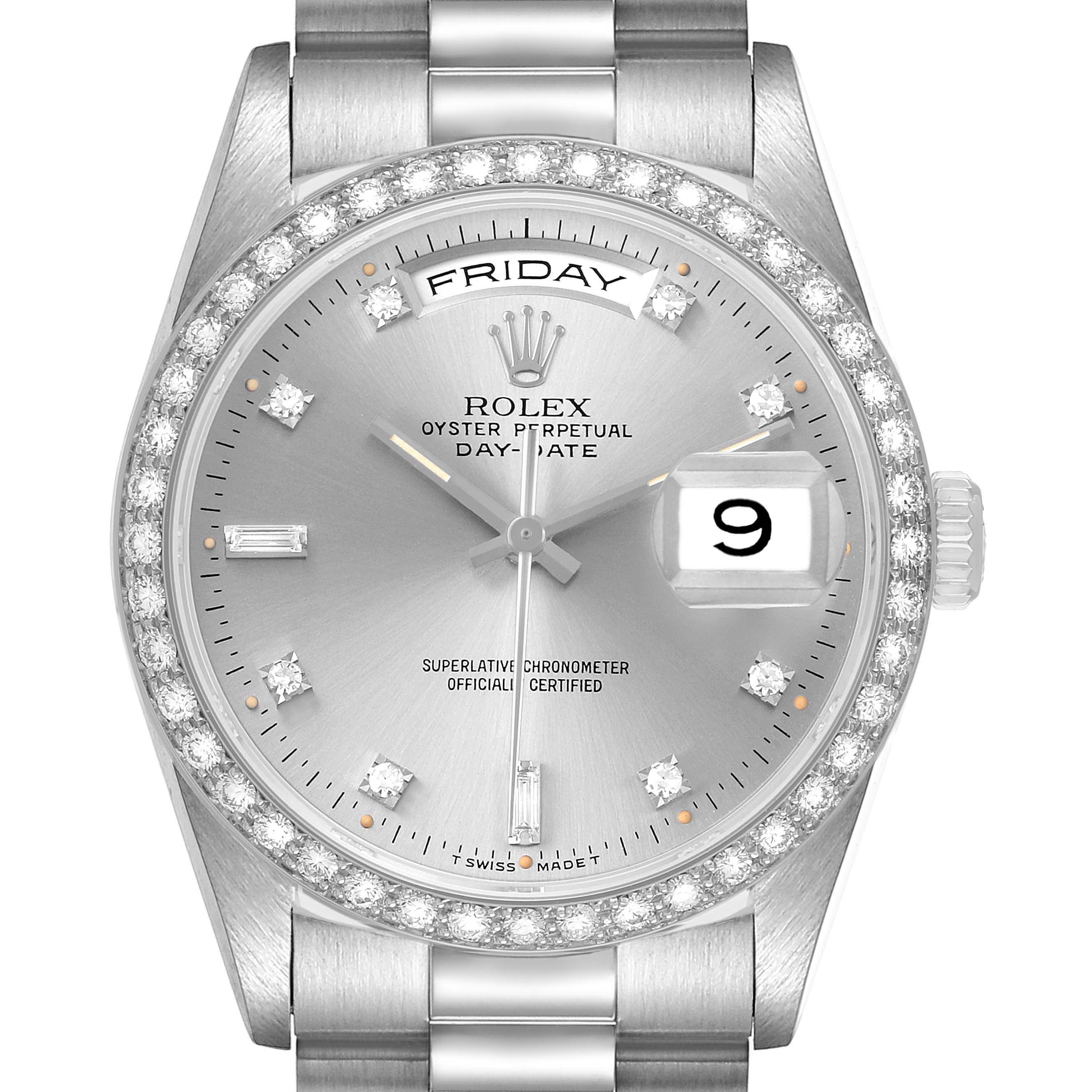 The Rolex President 18349 Mens White Gold Silver Dial model is shown from a front angle, displaying the dial, bezel, and part of the bracelet.
