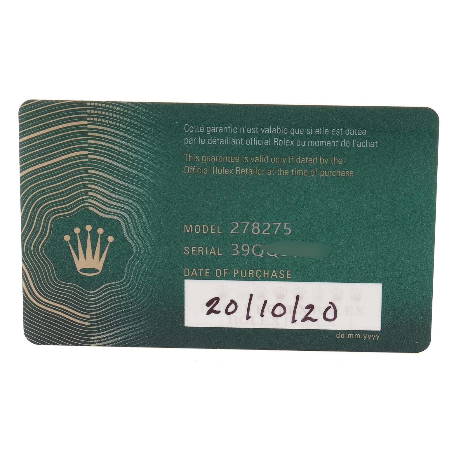 The angle shows the front side of a Rolex President 278275 Women's Rose Gold Brown Dial 278275 Women's Rose Gold Brown Dial model's guarantee card with model and serial numbers.