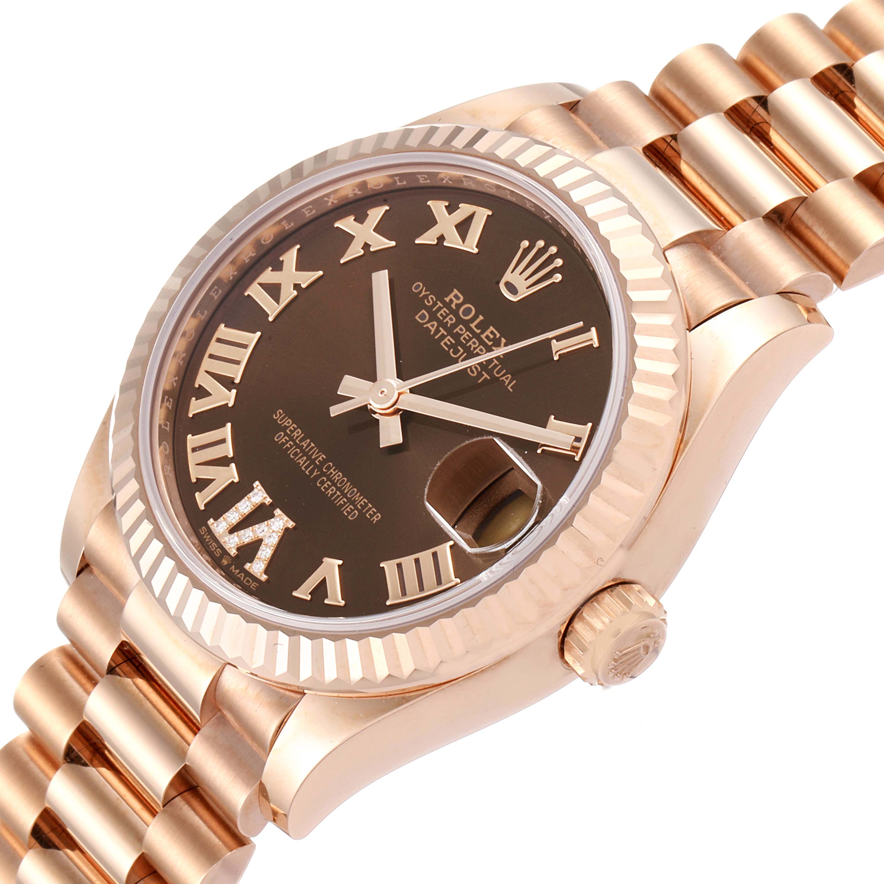 The image shows a close-up angle of a Rolex President 278275 Women's Rose Gold Brown Dial 278275 Women's Rose Gold Brown Dial watch, highlighting the dial, bezel, and part of the bracelet.