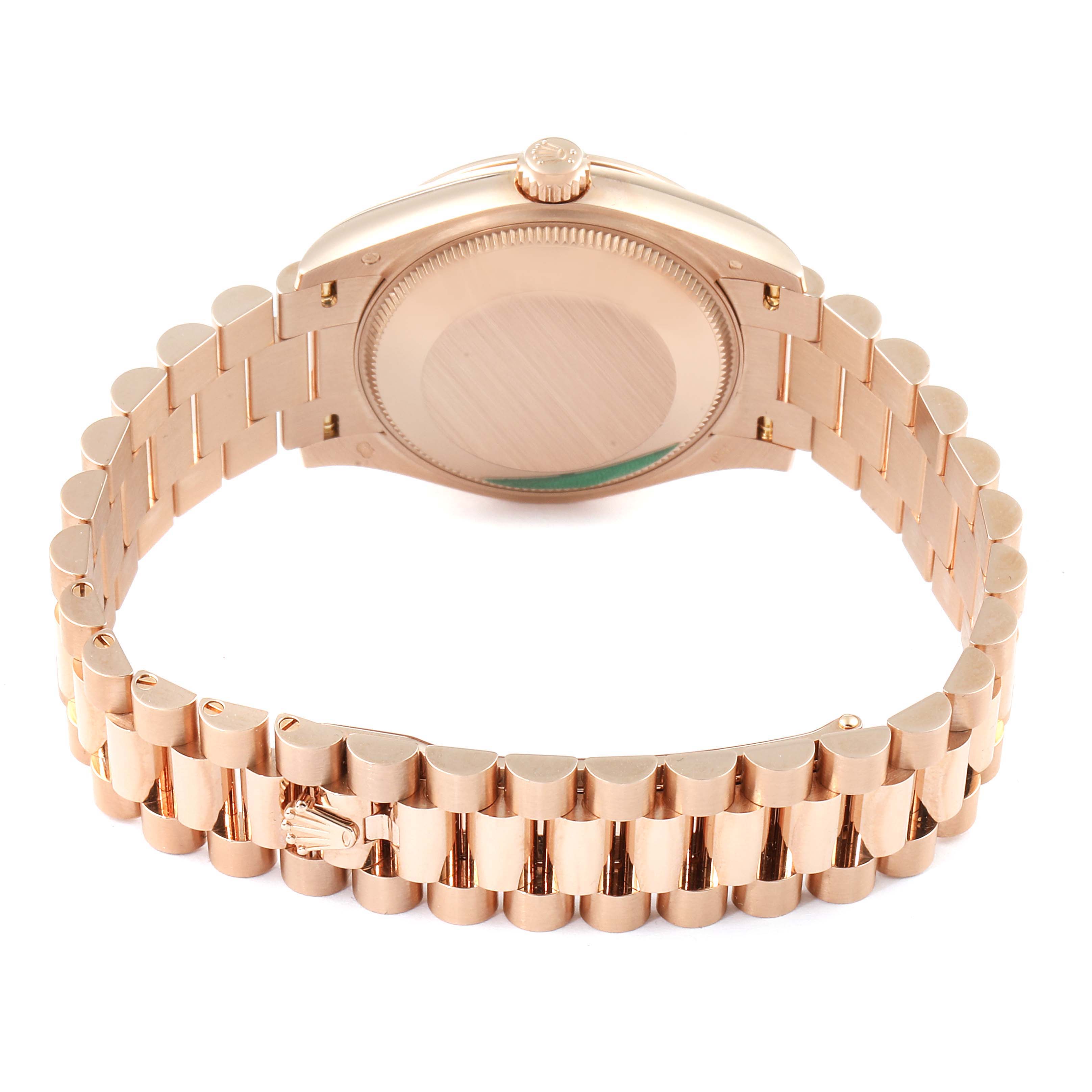 The image shows the back and bracelet of a Rolex President 278275 Women's Rose Gold Brown Dial 278275 Women's Rose Gold Brown Dial model watch from a rear angle.