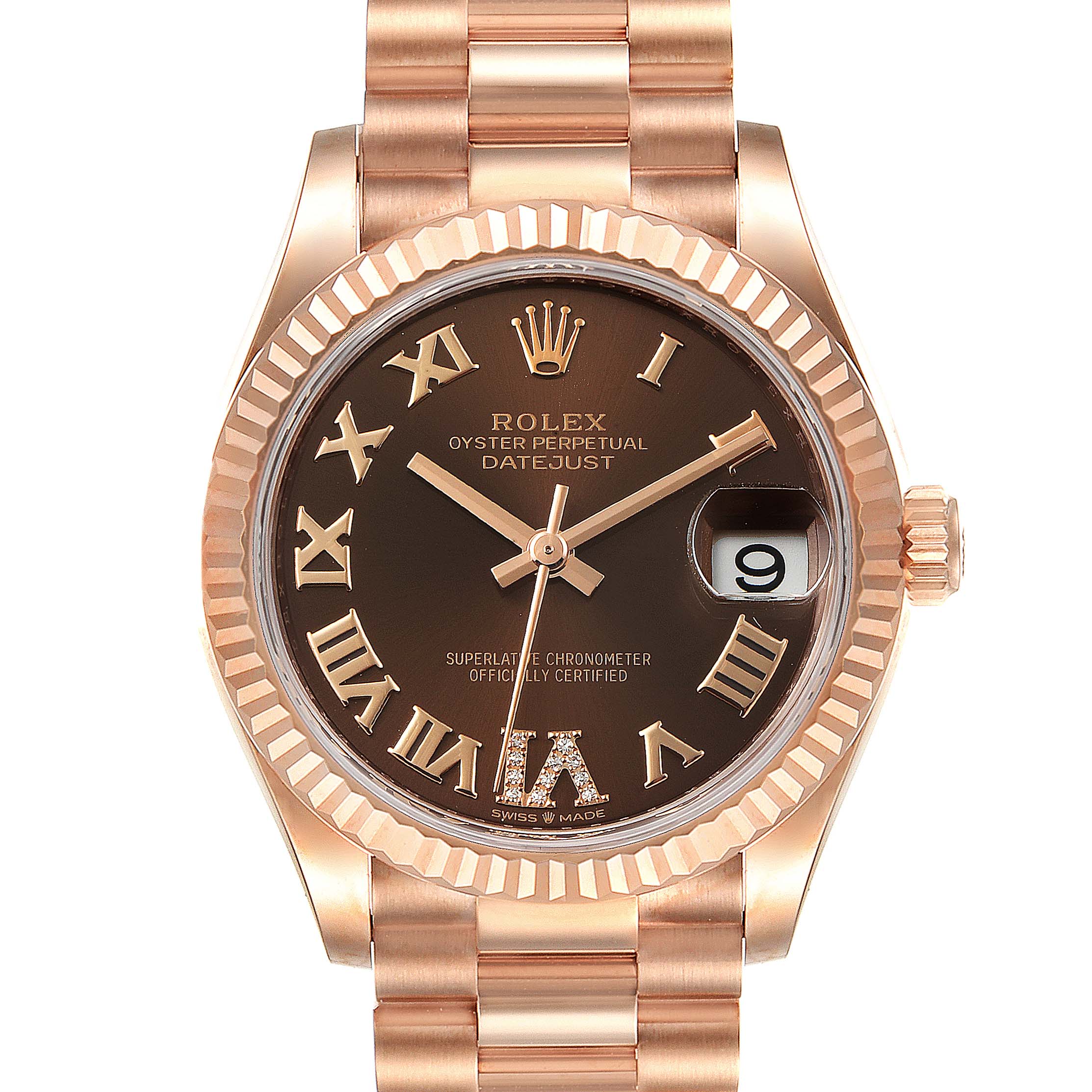 This image shows the Rolex President 278275 Women's Rose Gold Brown Dial 278275 Women's Rose Gold Brown Dial model watch from a front angle, including the dial, hands, date window, bezel, and bracelet.