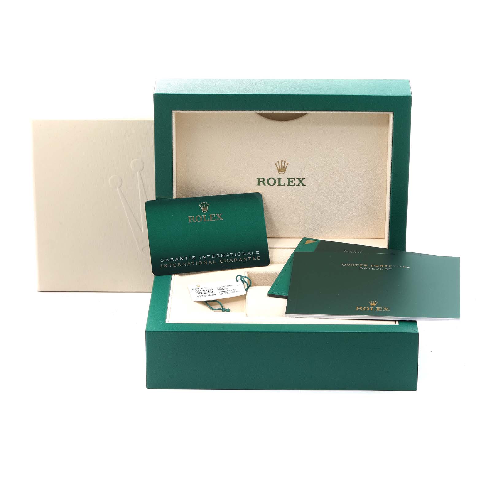 This image shows the accessories for the Rolex President 278275 Women's Rose Gold Brown Dial 278275 Women's Rose Gold Brown Dial model, including the box, guarantee card, and manuals.