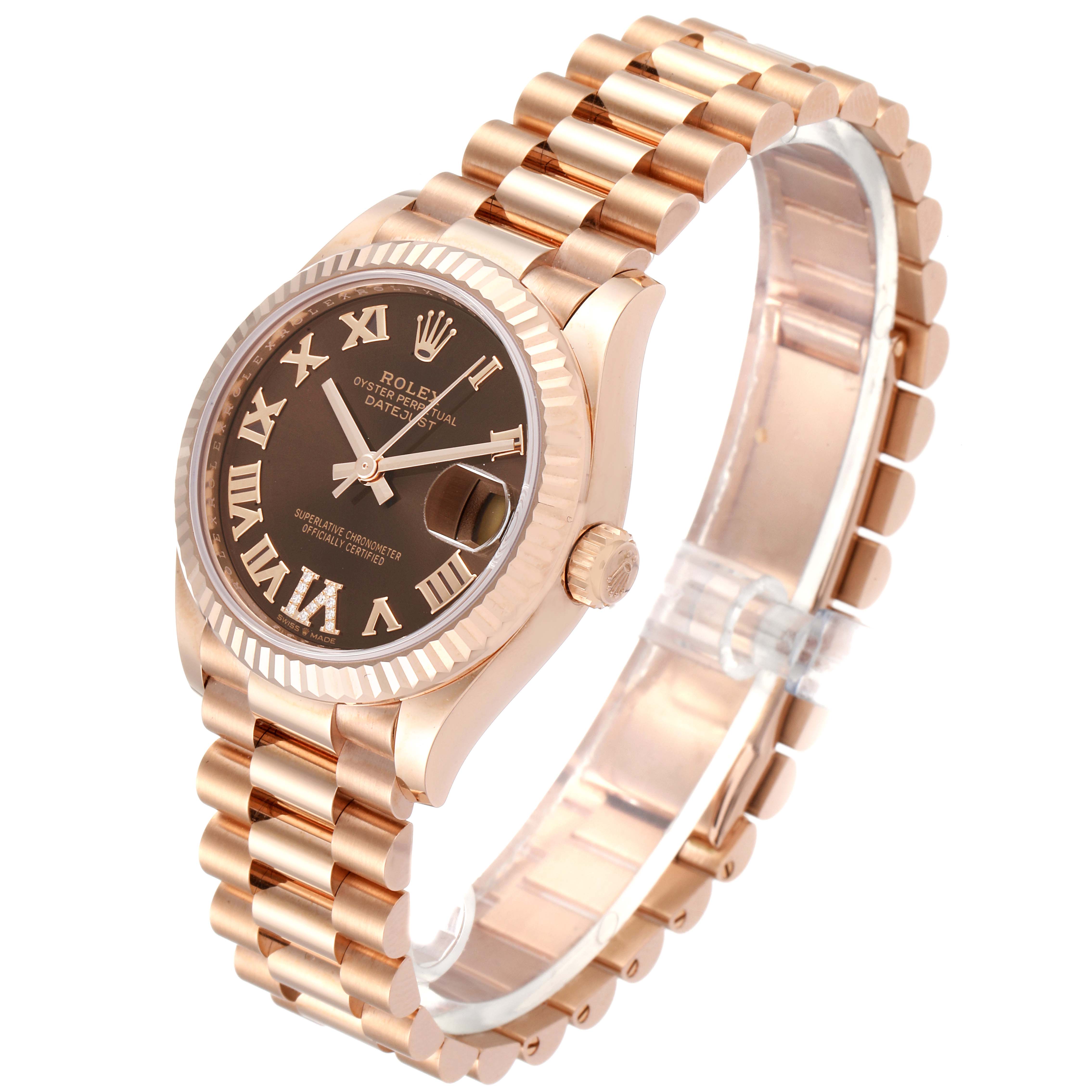 This image shows a side view of the Rolex President 278275 Women's Rose Gold Brown Dial 278275 Women's Rose Gold Brown Dial model watch, highlighting the dial, crown, and bracelet.