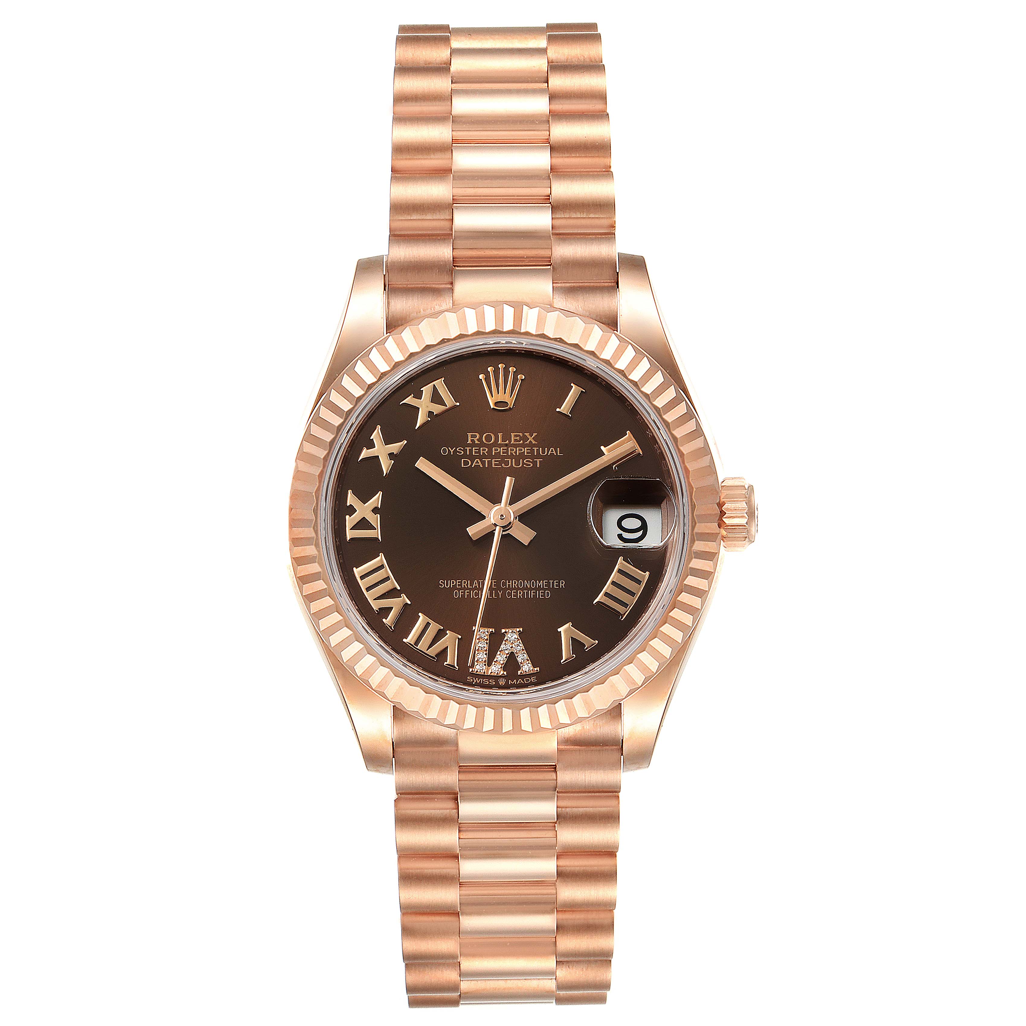 The image shows a Rolex President 278275 Women's Rose Gold Brown Dial 278275 Women's Rose Gold Brown Dial model watch from a top-down angle, highlighting its dial, bezel, bracelet, and date window.