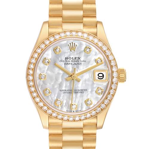 The Rolex President 278288 Women's Yellow Gold Mother of Pearl Dial model watch is shown from the front, displaying the face, bezel, and part of the bracelet.