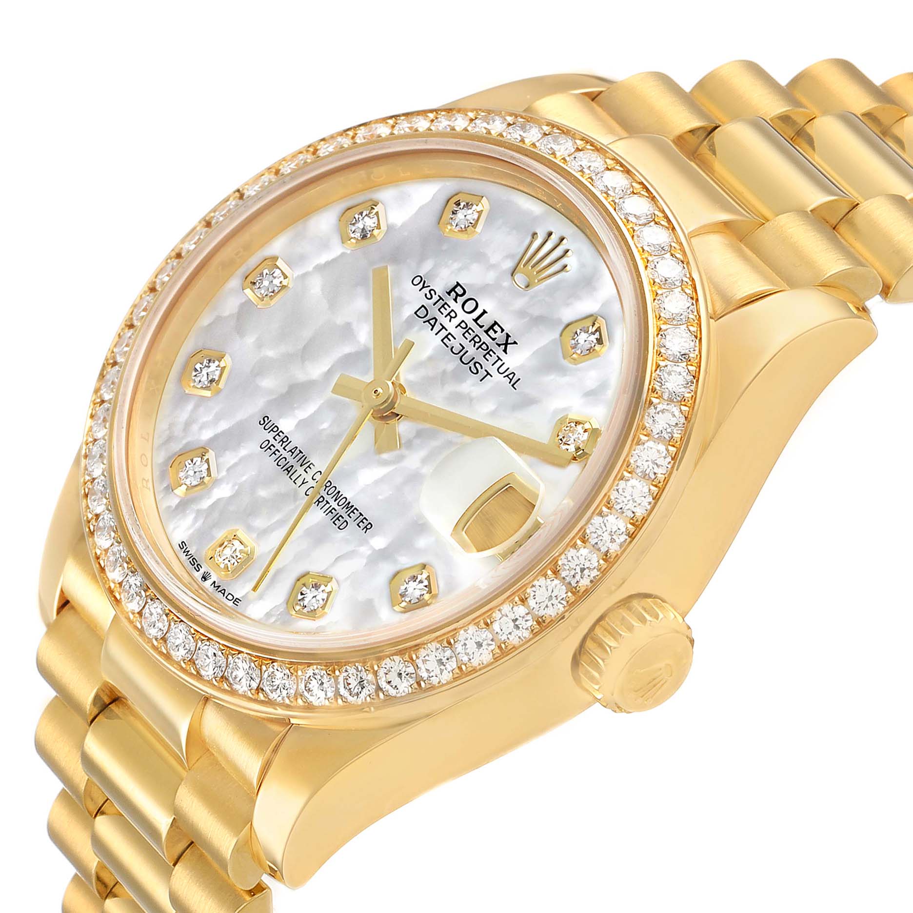 The Rolex President 278288 Women's Yellow Gold Mother of Pearl Dial model watch is shown at a slight angle, highlighting the dial, bezel, and part of the bracelet.