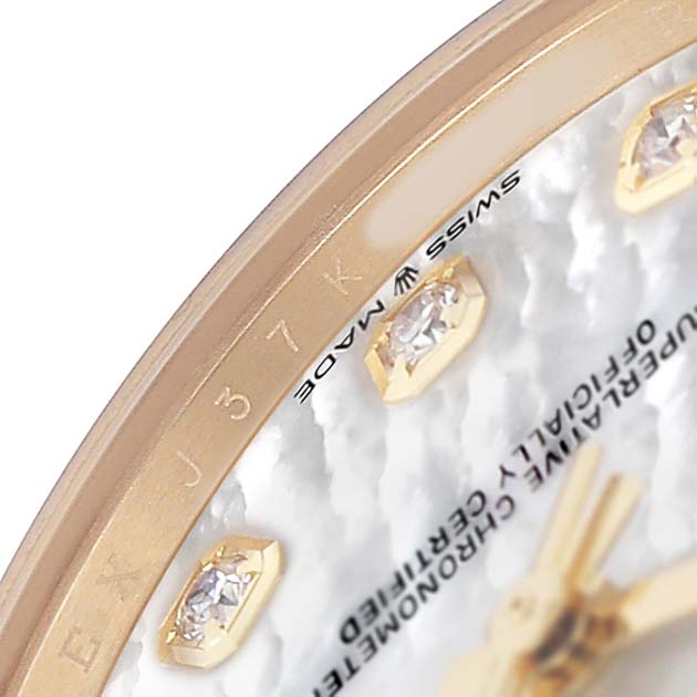 The image shows a close-up of the Rolex President 278288 Women's Yellow Gold Mother of Pearl Dial model watch's dial, highlighting the bezel, diamond markers, and gold hands.