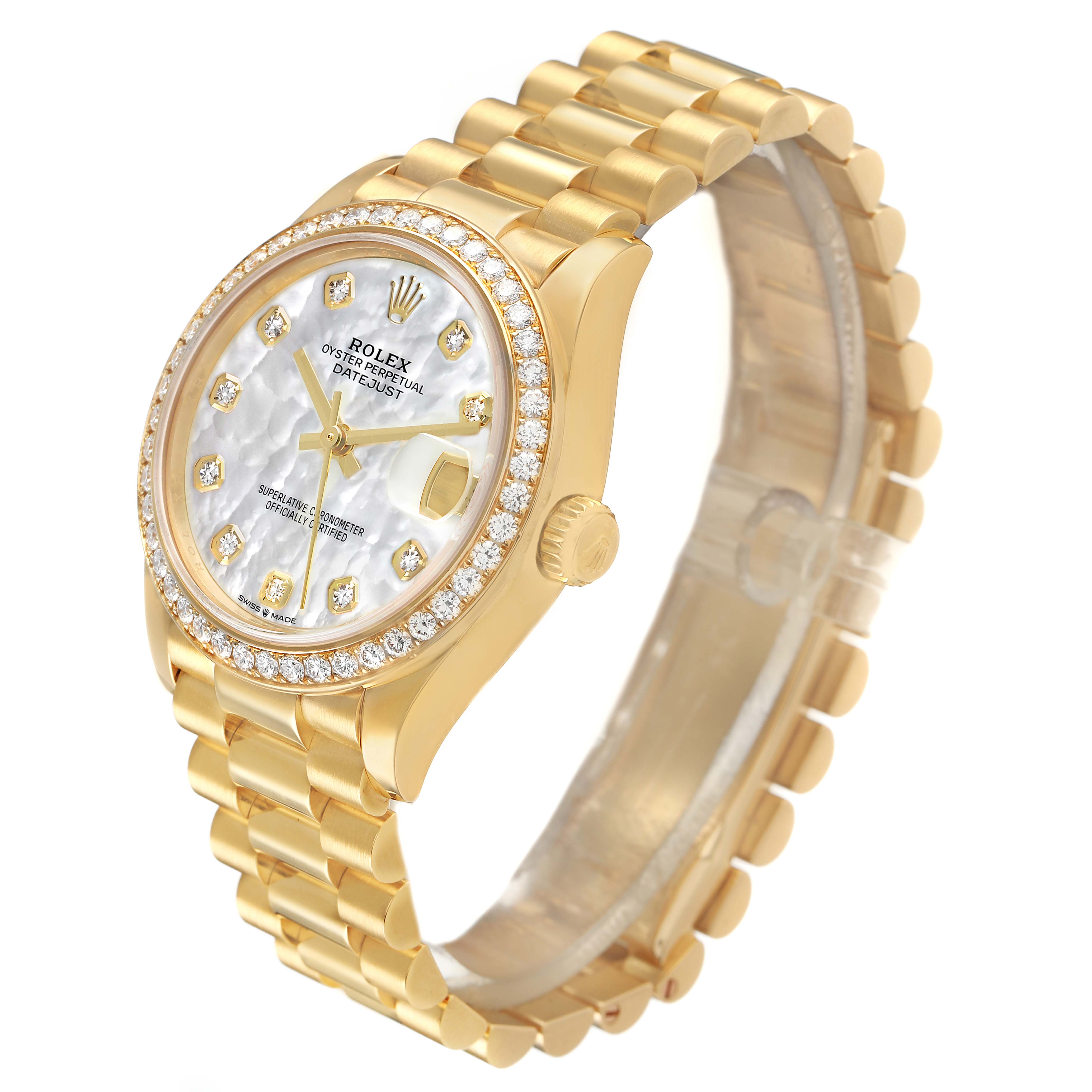 The Rolex President 278288 Women's Yellow Gold Mother of Pearl Dial watch is shown in a three-quarter view highlighting the face, bracelet, and side crown.