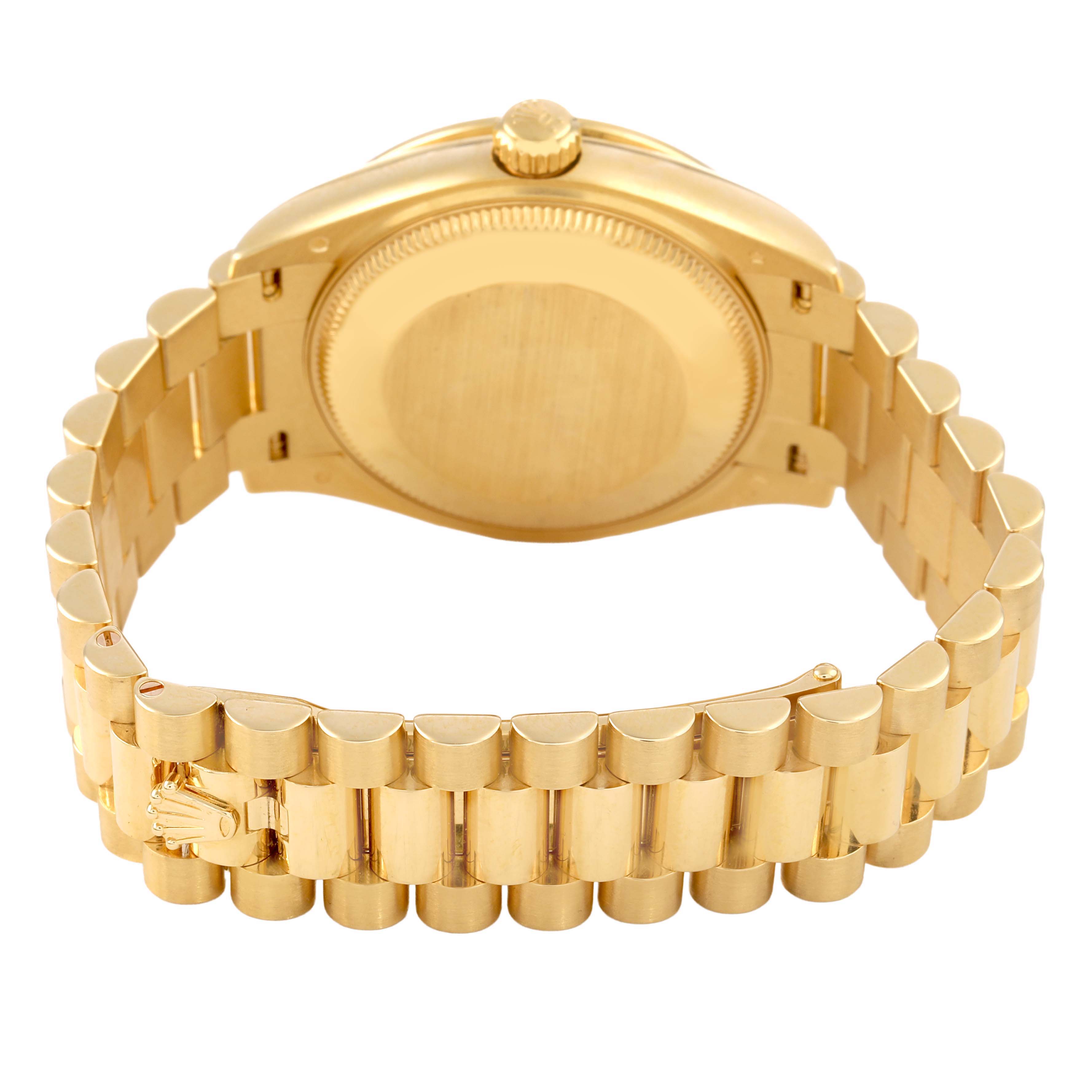 The image shows the Rolex President 278288 Women's Yellow Gold Mother of Pearl Dial watch from a back angle, highlighting the gold bracelet and clasp.