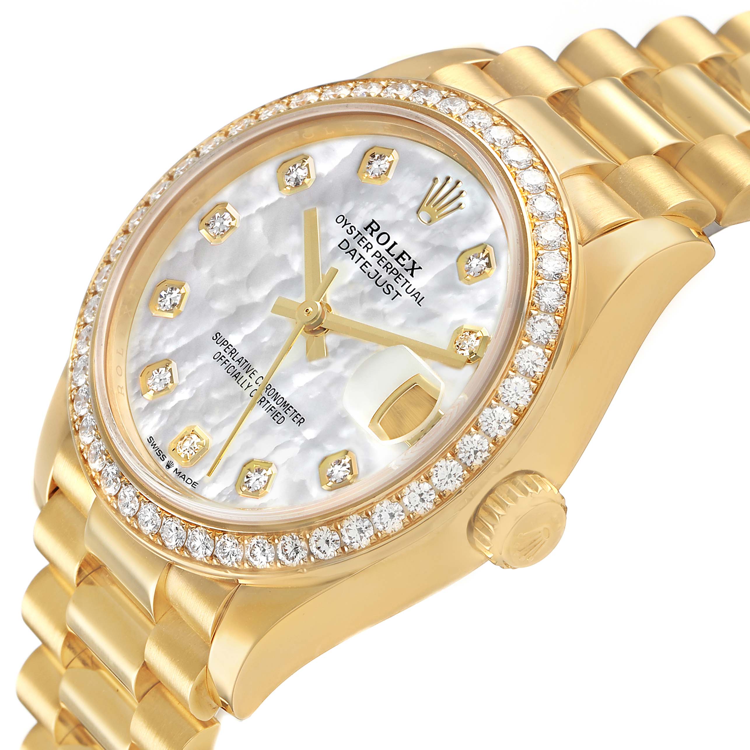 The image shows a Rolex President 278288 Women's Yellow Gold Mother of Pearl Dial model watch at an angled side view, highlighting the bezel, dial, and bracelet links.