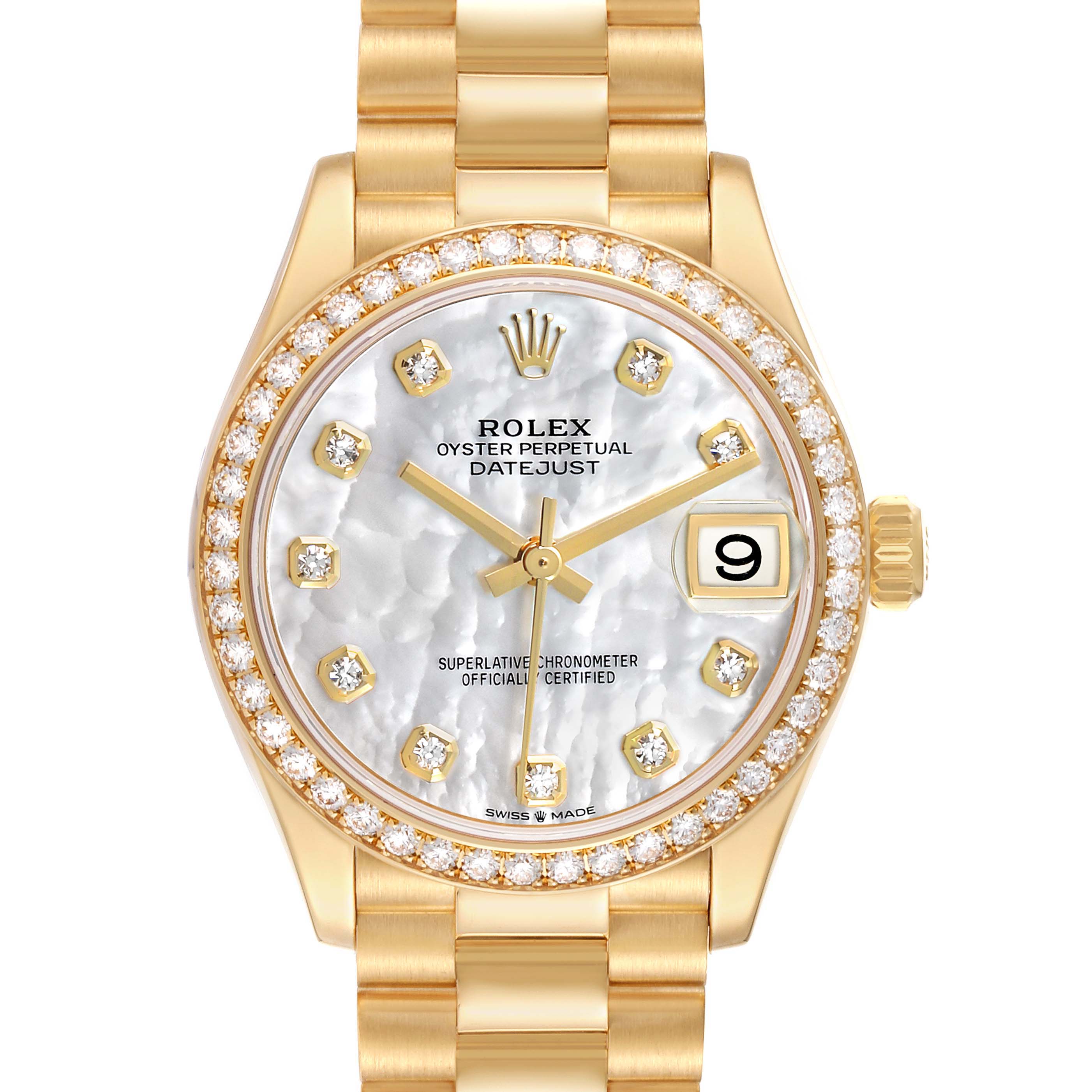 The Rolex President 278288 Women's Yellow Gold Mother of Pearl Dial model is shown from the front, displaying its gold bracelet, diamond bezel, and white mother-of-pearl dial with gold hands.