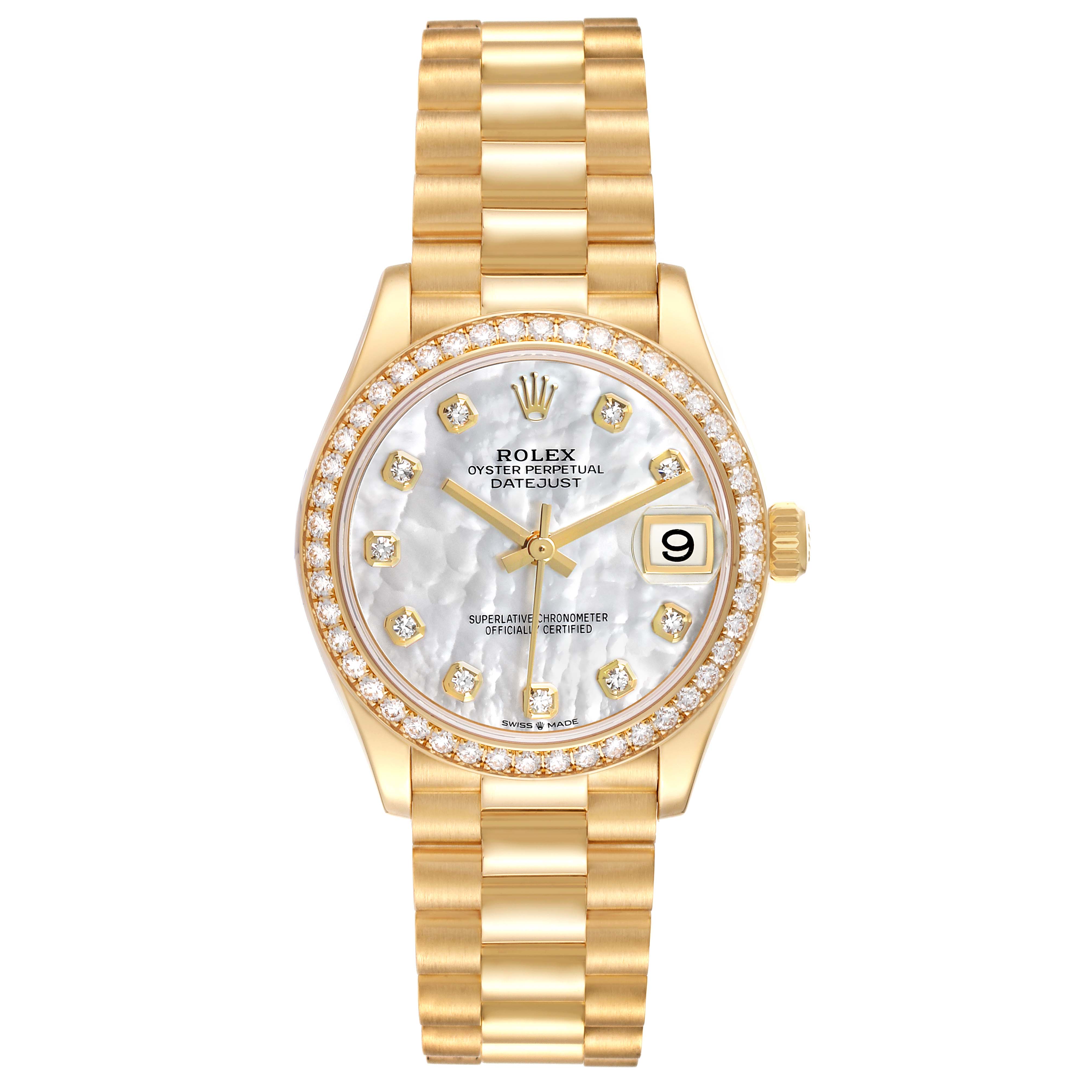 The Rolex President 278288 Women's Yellow Gold Mother of Pearl Dial model is shown from a top-down angle, highlighting the dial, bezel, and bracelet.