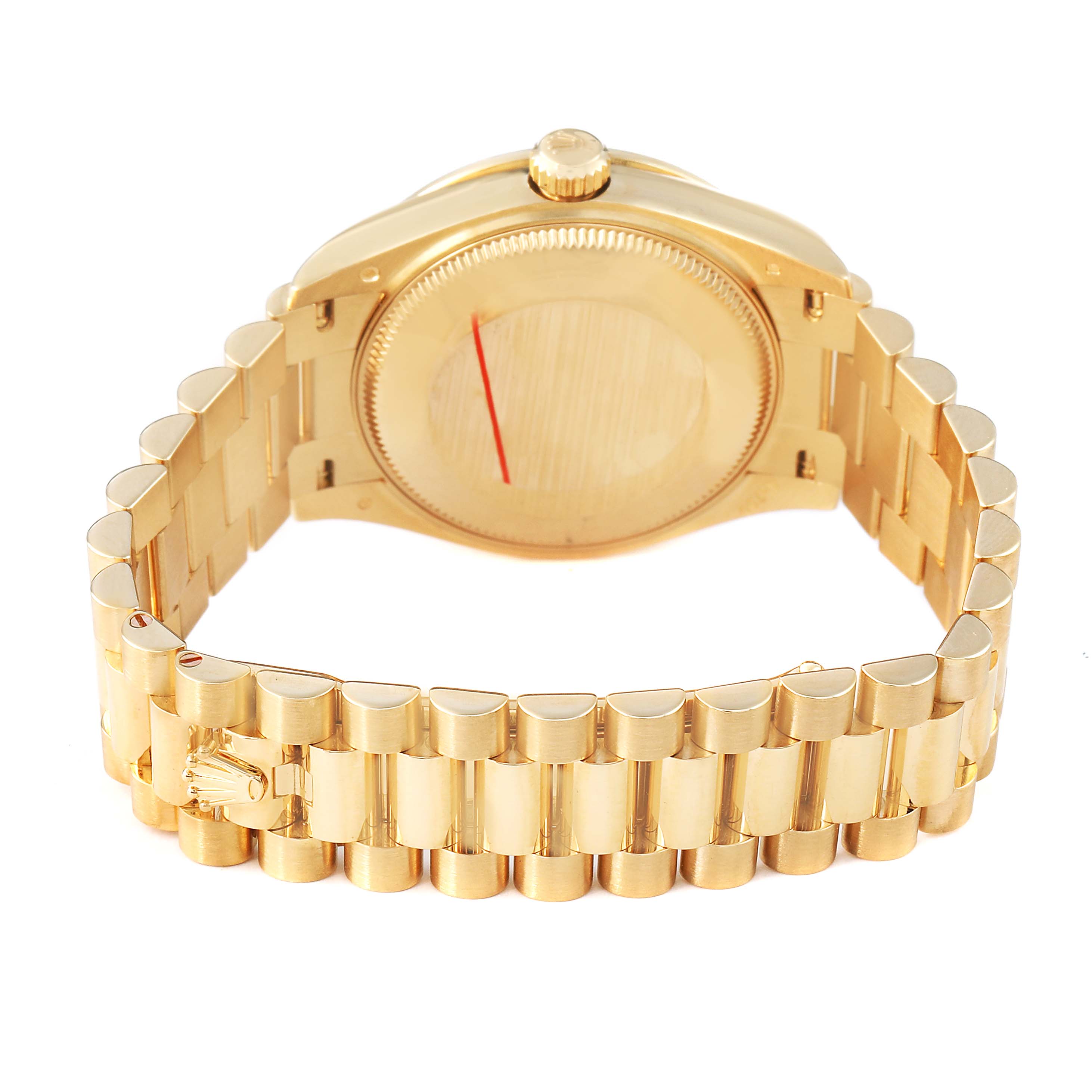 The image shows the back of a Rolex President 278288 Women's Yellow Gold Mother of Pearl Dial watch, including the case back, crown, and signature bracelet.