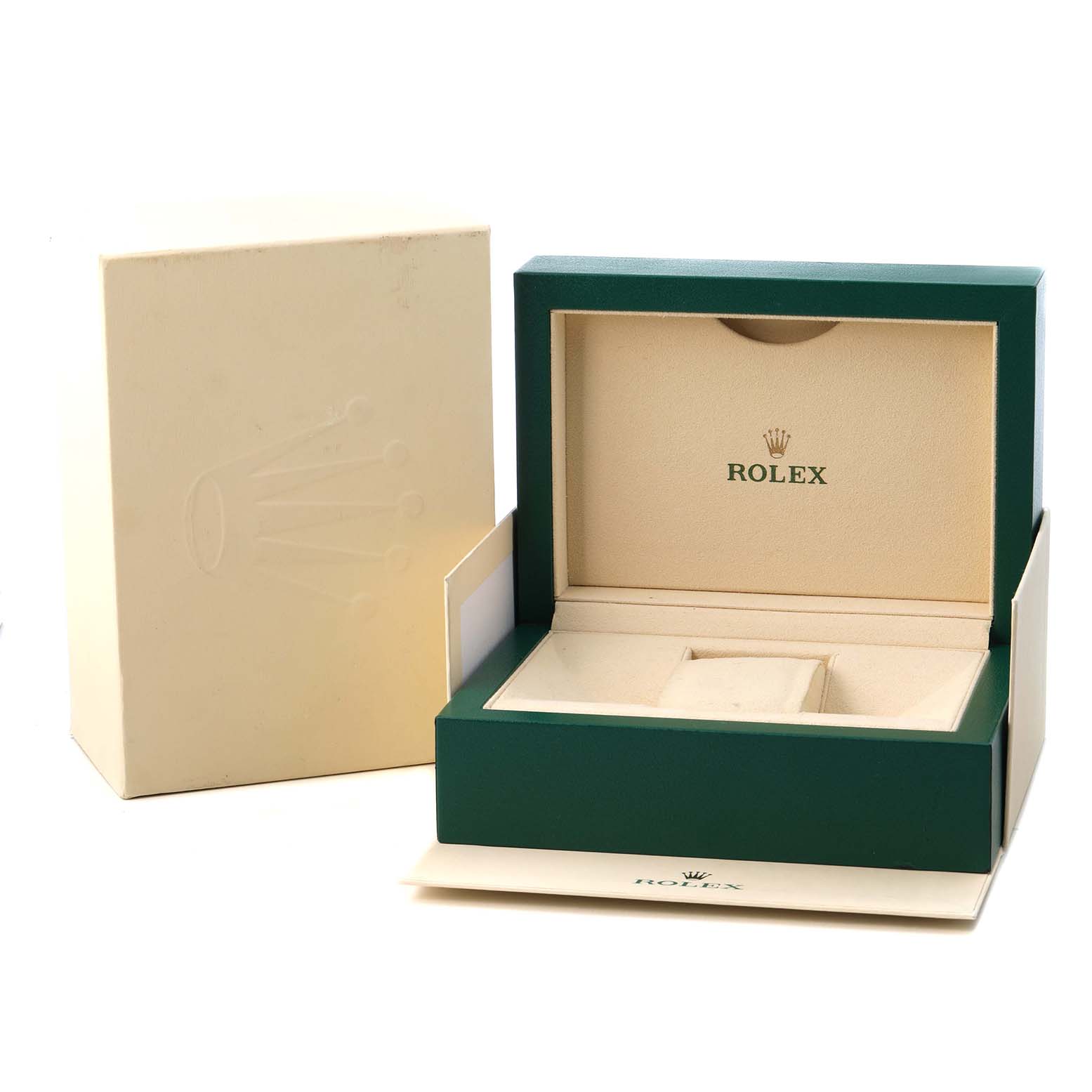 The image shows an open green and beige Rolex watch box for the President model, including an outer box and cardholder.