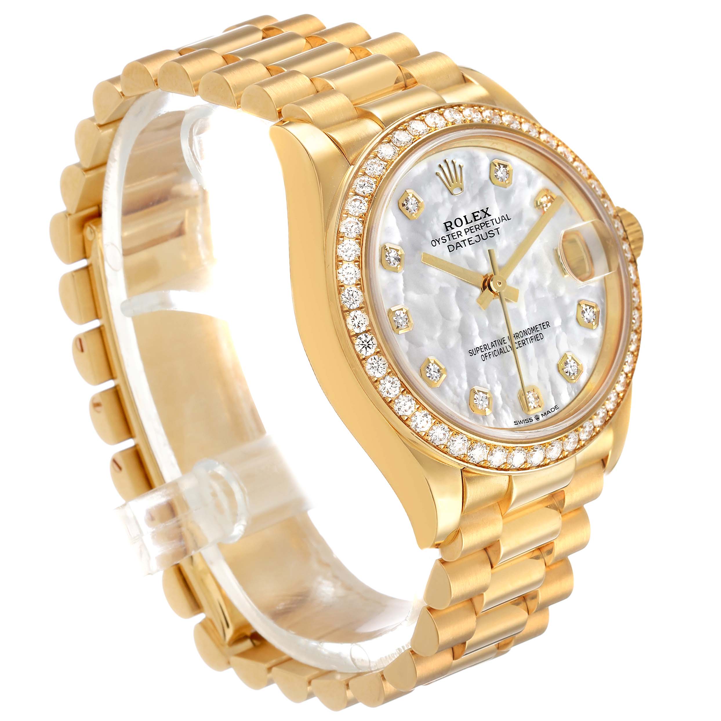 The Rolex President 278288 Women's Yellow Gold Mother of Pearl Dial watch is shown at a three-quarter angle, highlighting the watch face, bezel, and bracelet.