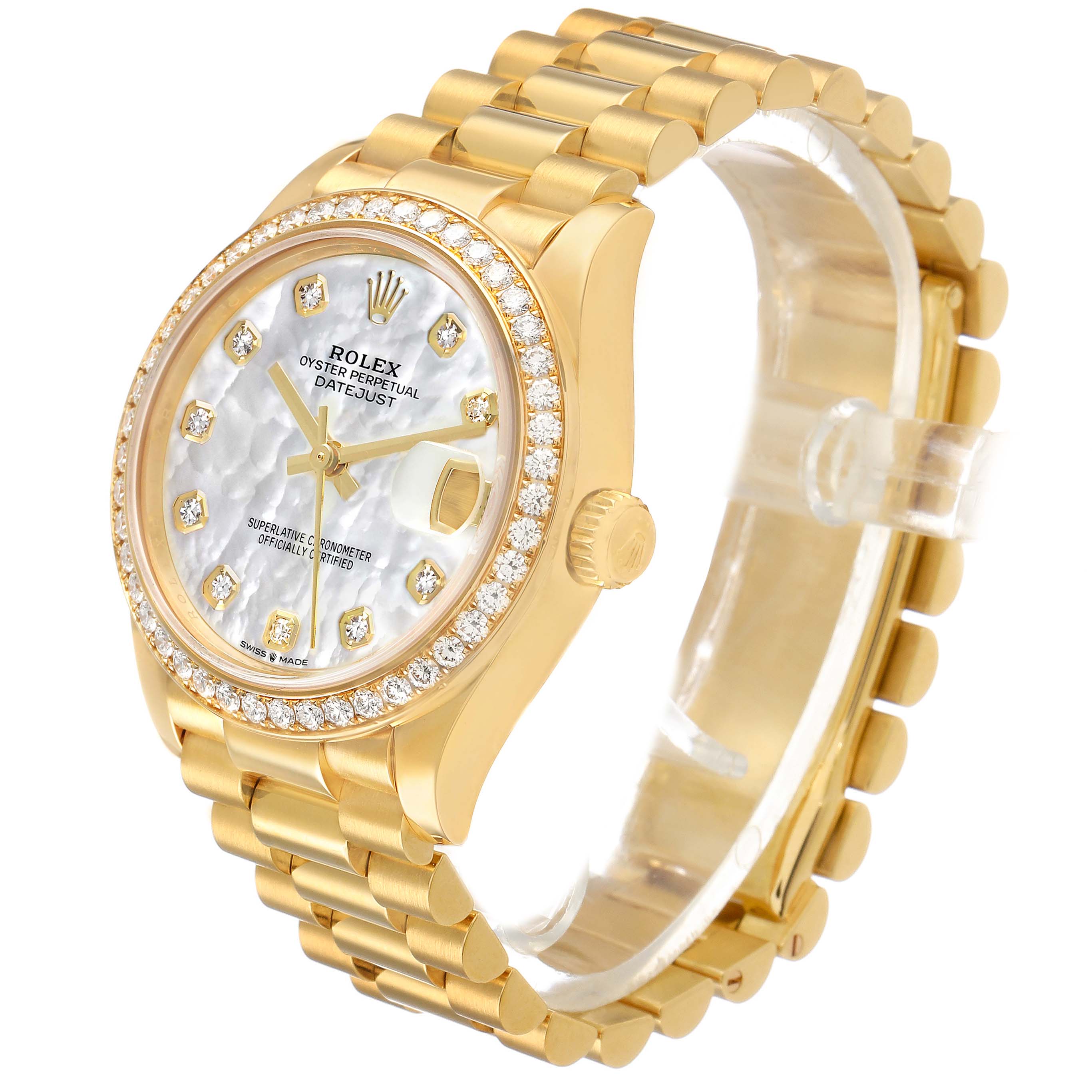 The Rolex President 278288 Women's Yellow Gold Mother of Pearl Dial watch is shown at a three-quarter angle, highlighting the bracelet, bezel, and mother-of-pearl dial.