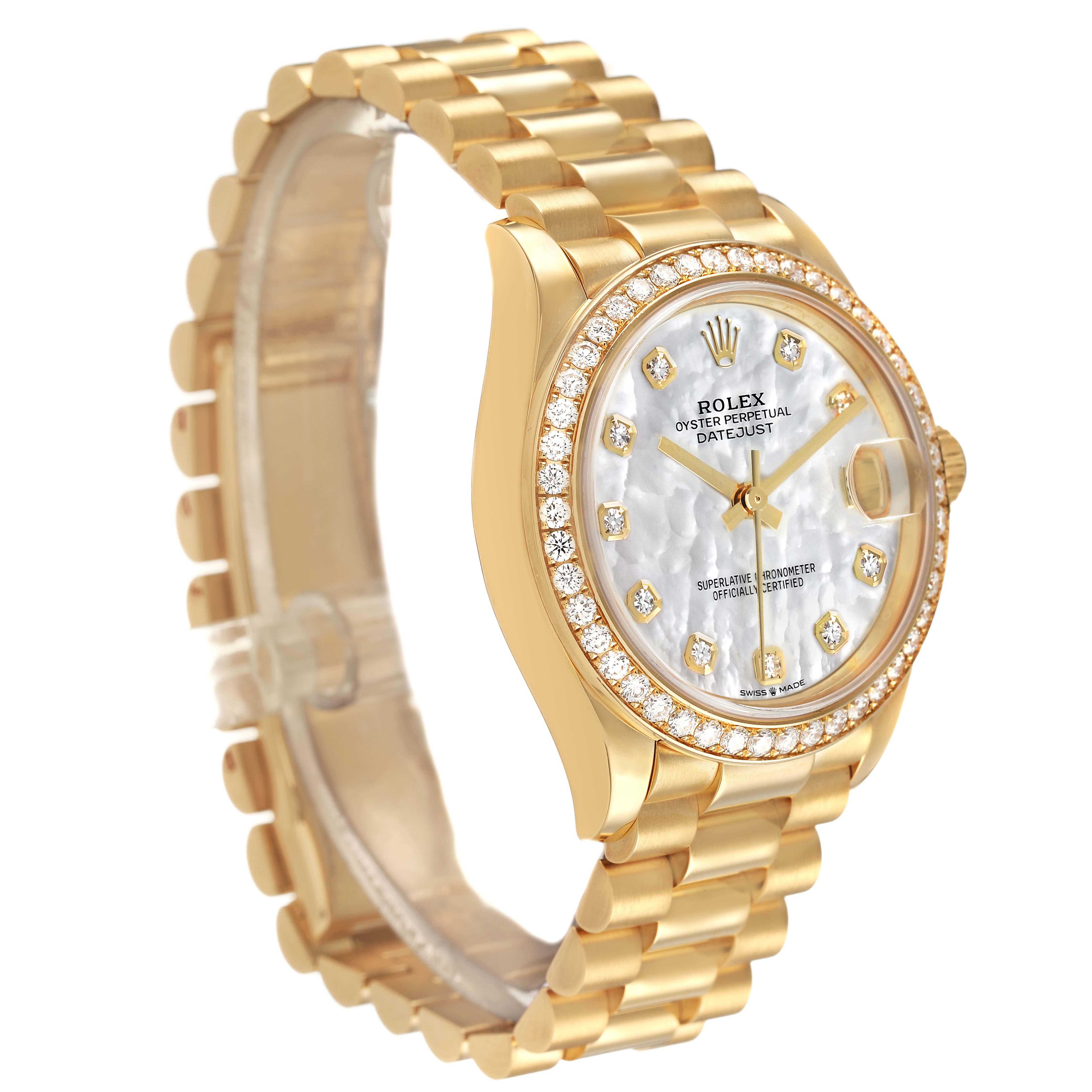 The Rolex President 278288 Women's Yellow Gold Mother of Pearl Dial model is shown at a three-quarter angle, highlighting the bracelet, diamond bezel, and dial.