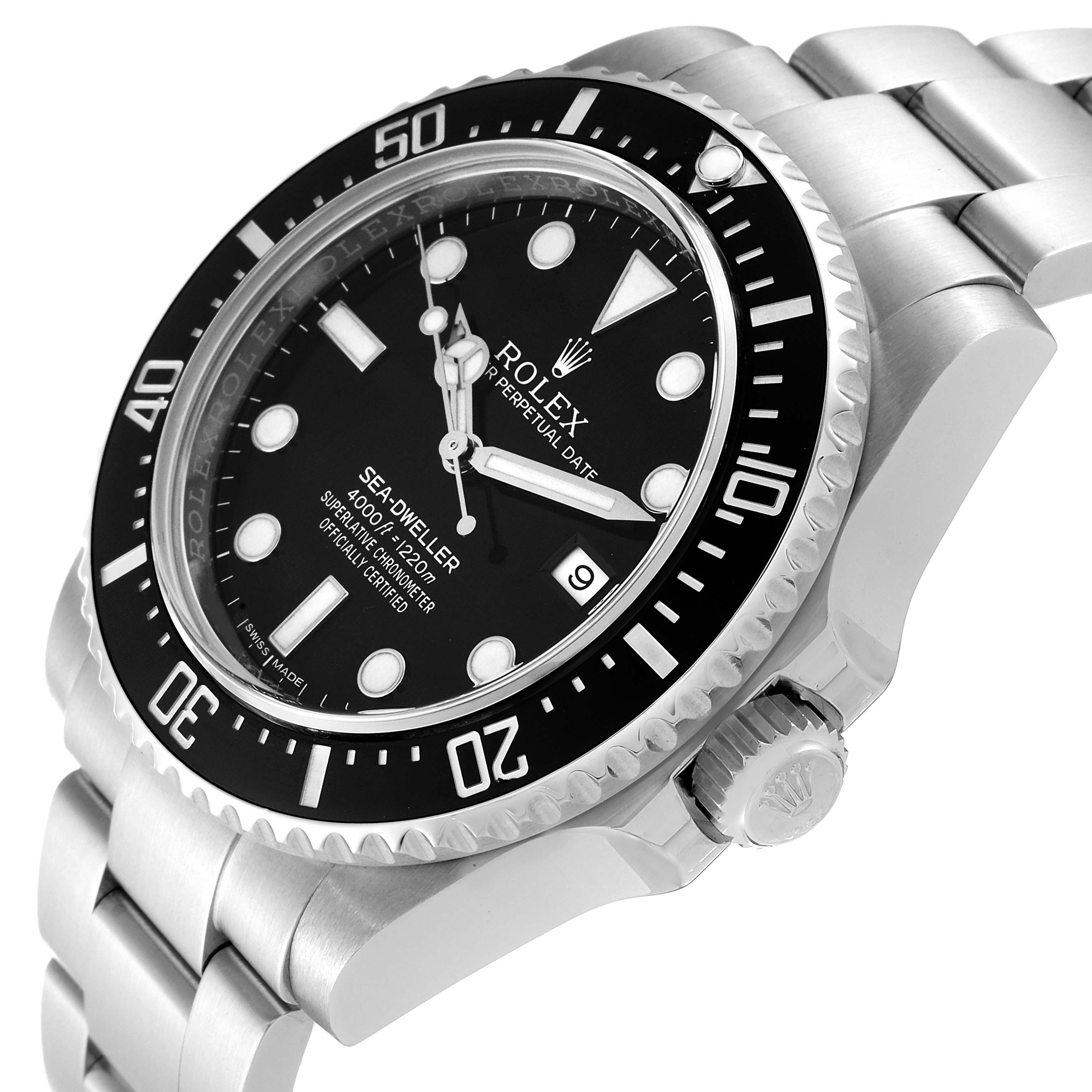 The Rolex Sea-Dweller 116600 Men's Stainless Steel Black Dial 116600 Men's Stainless Steel Black Dial watch is shown at a three-quarter angle, highlighting the face, bezel, bracelet, and crown.