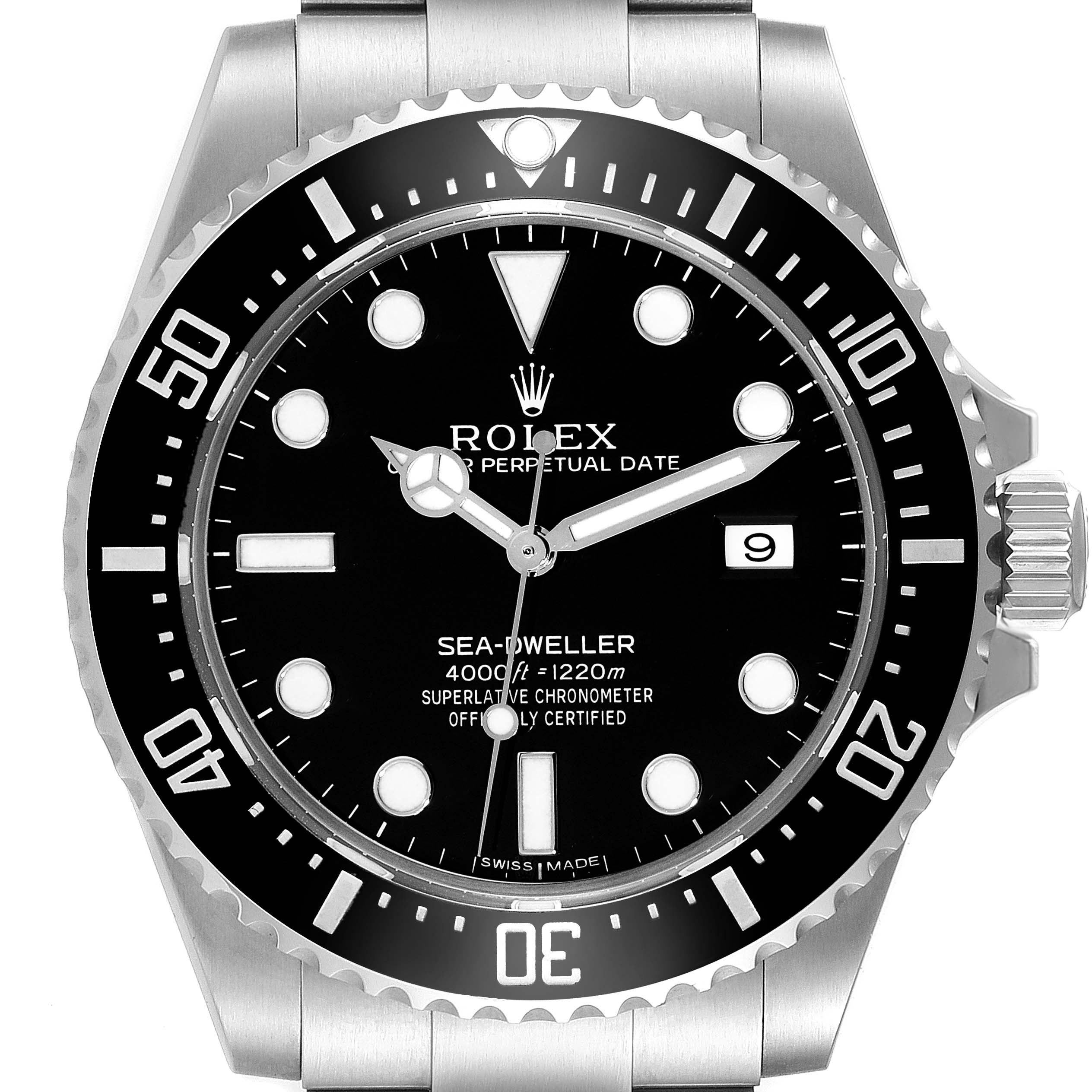 This image shows the frontal view of a Rolex Sea-Dweller 116600 Men's Stainless Steel Black Dial 116600 Men's Stainless Steel Black Dial watch, highlighting the dial, bezel, and crown.
