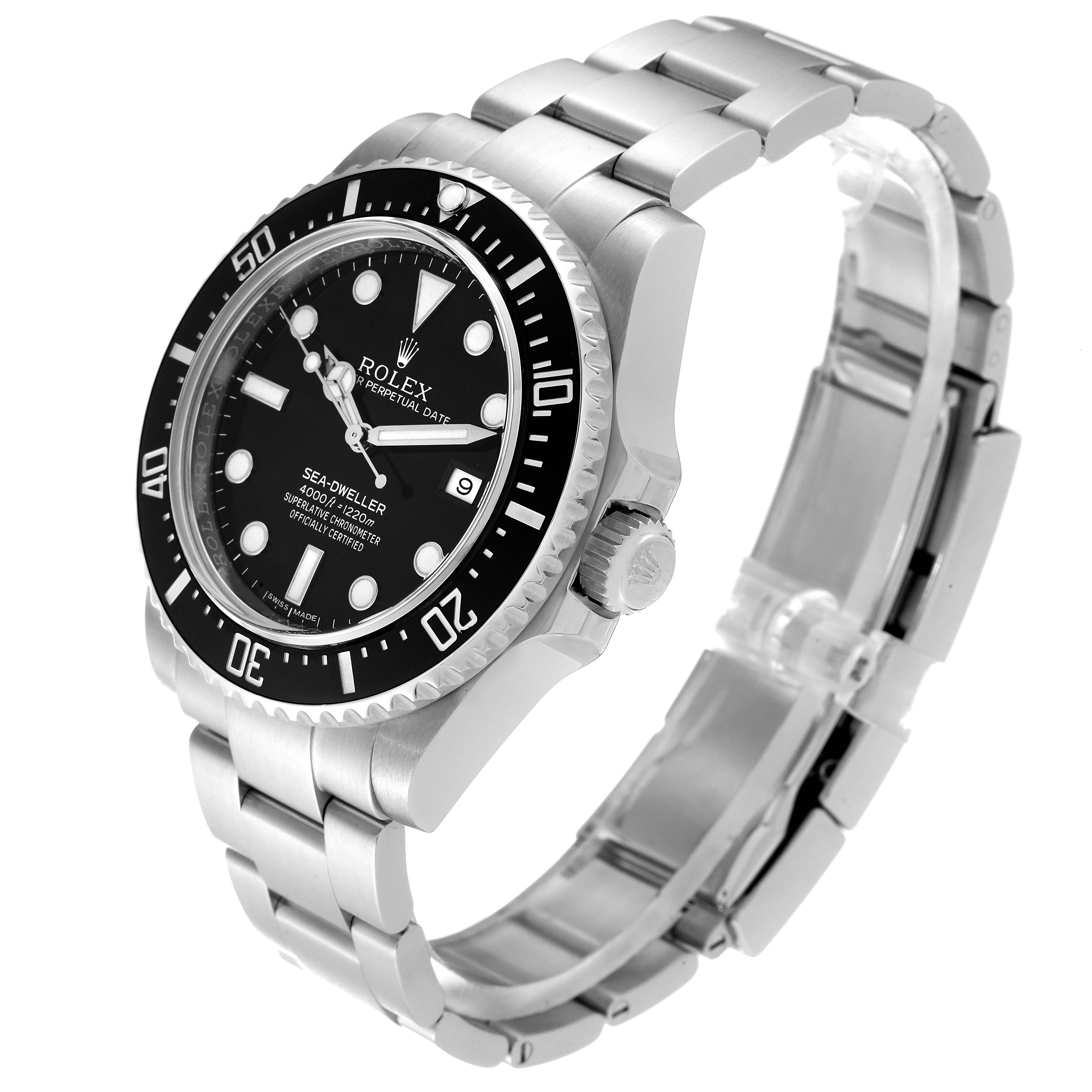 The Sea-Dweller by Rolex is shown from a side angle, highlighting its bezel, dial, crown, and bracelet.