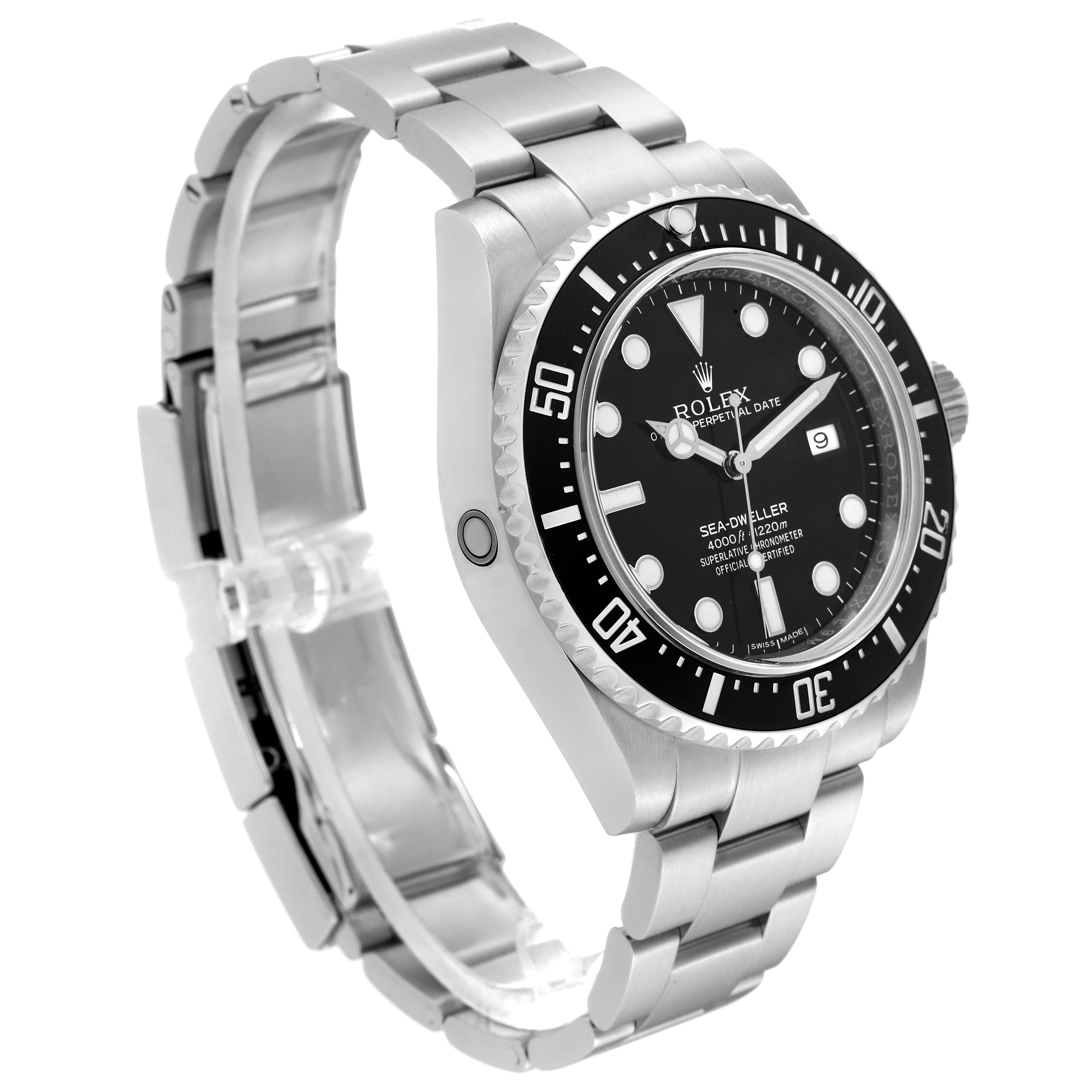 The Rolex Sea-Dweller 116600 Men's Stainless Steel Black Dial 116600 Men's Stainless Steel Black Dial watch is shown at an angled side view, highlighting its face, bezel, and bracelet. 