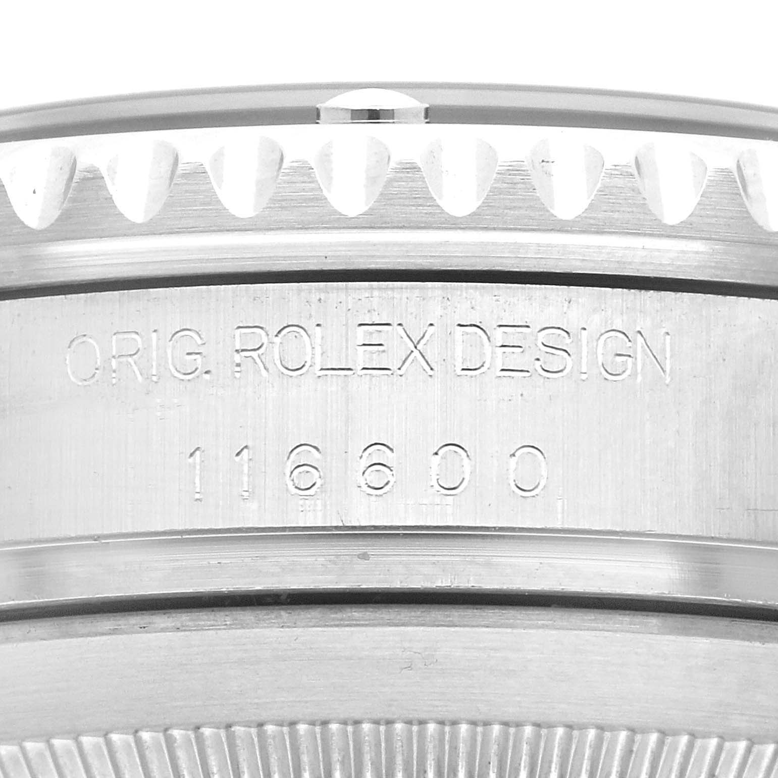 This image shows a close-up of the side of a Rolex Sea-Dweller 116600 Men's Stainless Steel Black Dial 116600 Men's Stainless Steel Black Dial watch displaying the engraving "ORIG. ROLEX DESIGN 116600."