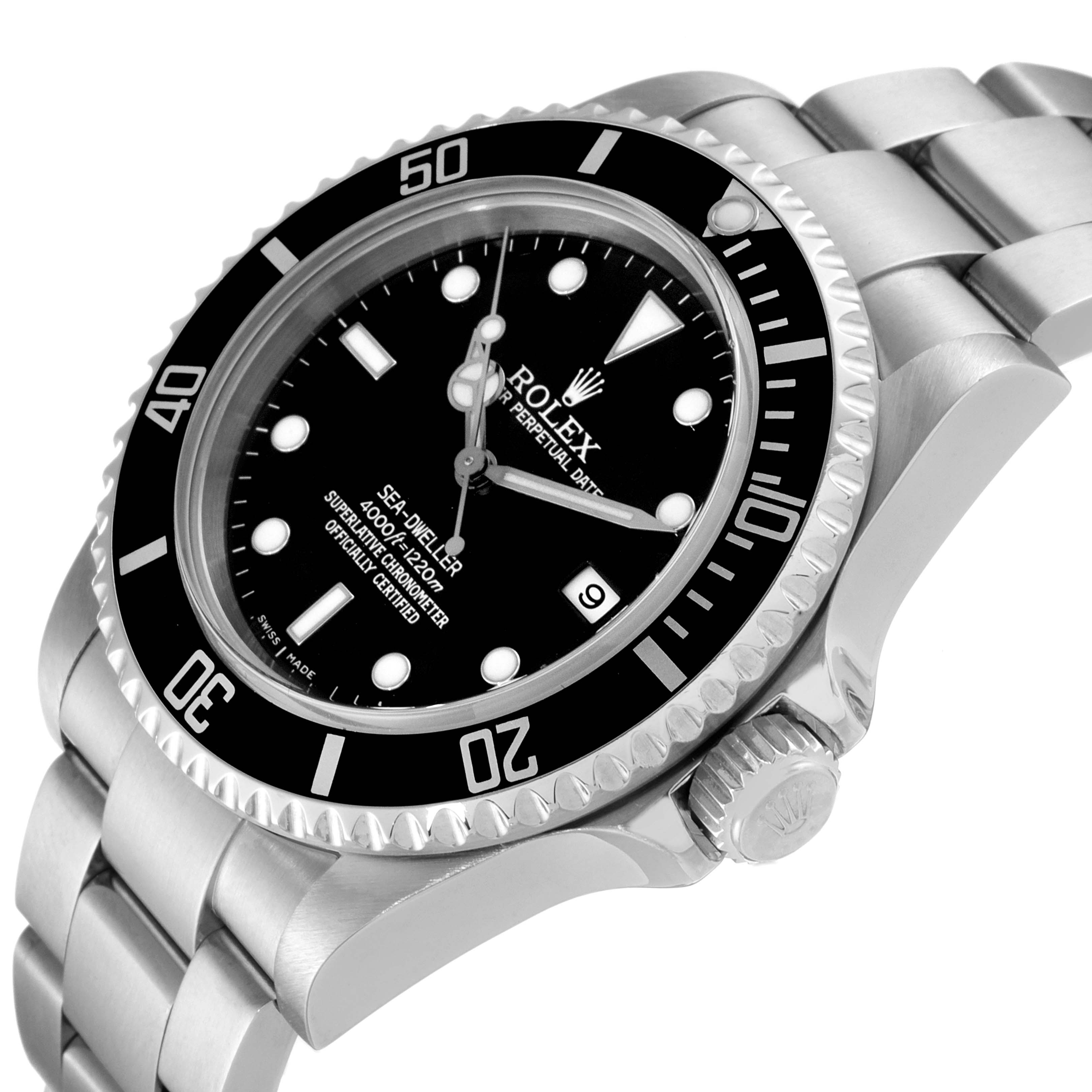 The image shows the face, bezel, crown, and part of the bracelet of the Rolex Sea-Dweller 16600 Men
s Stainless Steel Black Dial 16600 Men
s Stainless Steel Black Dial watch at a three-quarter angle.