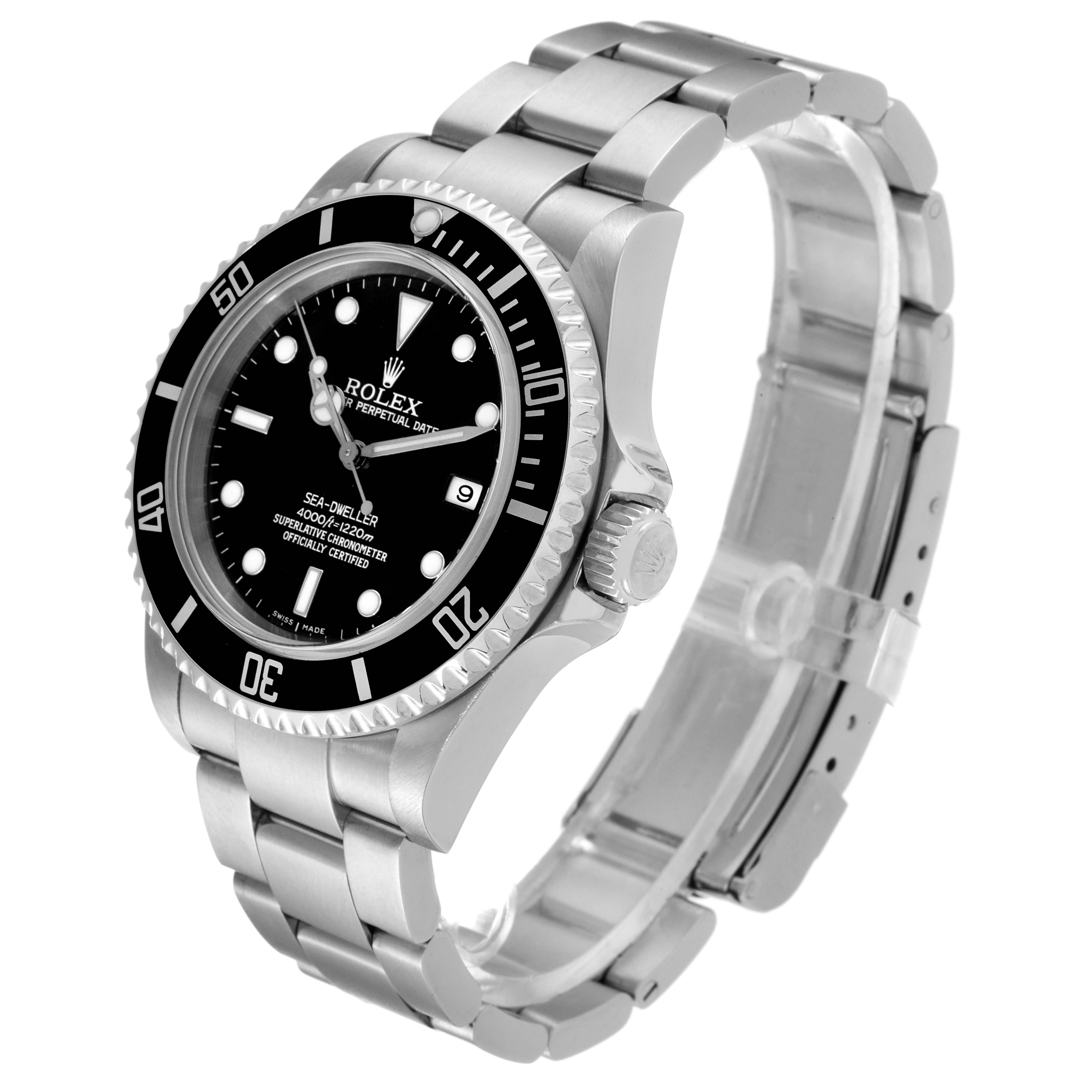 The image shows a side and front angle of the Rolex Sea-Dweller 16600 Men
s Stainless Steel Black Dial 16600 Men
s Stainless Steel Black Dial watch, highlighting its bezel, dial, bracelet, and clasp.