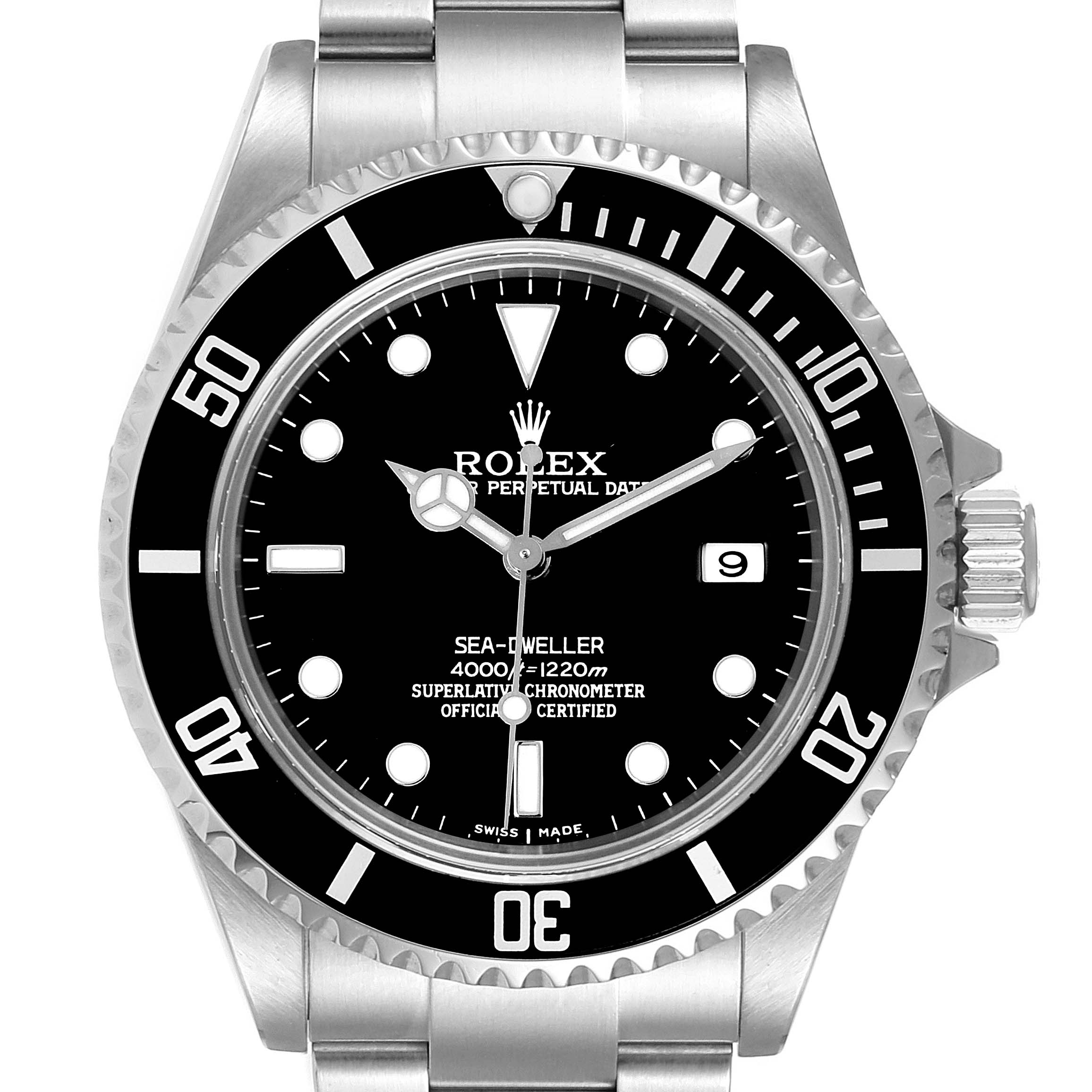 The image shows a front view of a Rolex Sea-Dweller 16600 Men
s Stainless Steel Black Dial 16600 Men
s Stainless Steel Black Dial watch, displaying its black dial, bezel, and part of the stainless steel bracelet.
