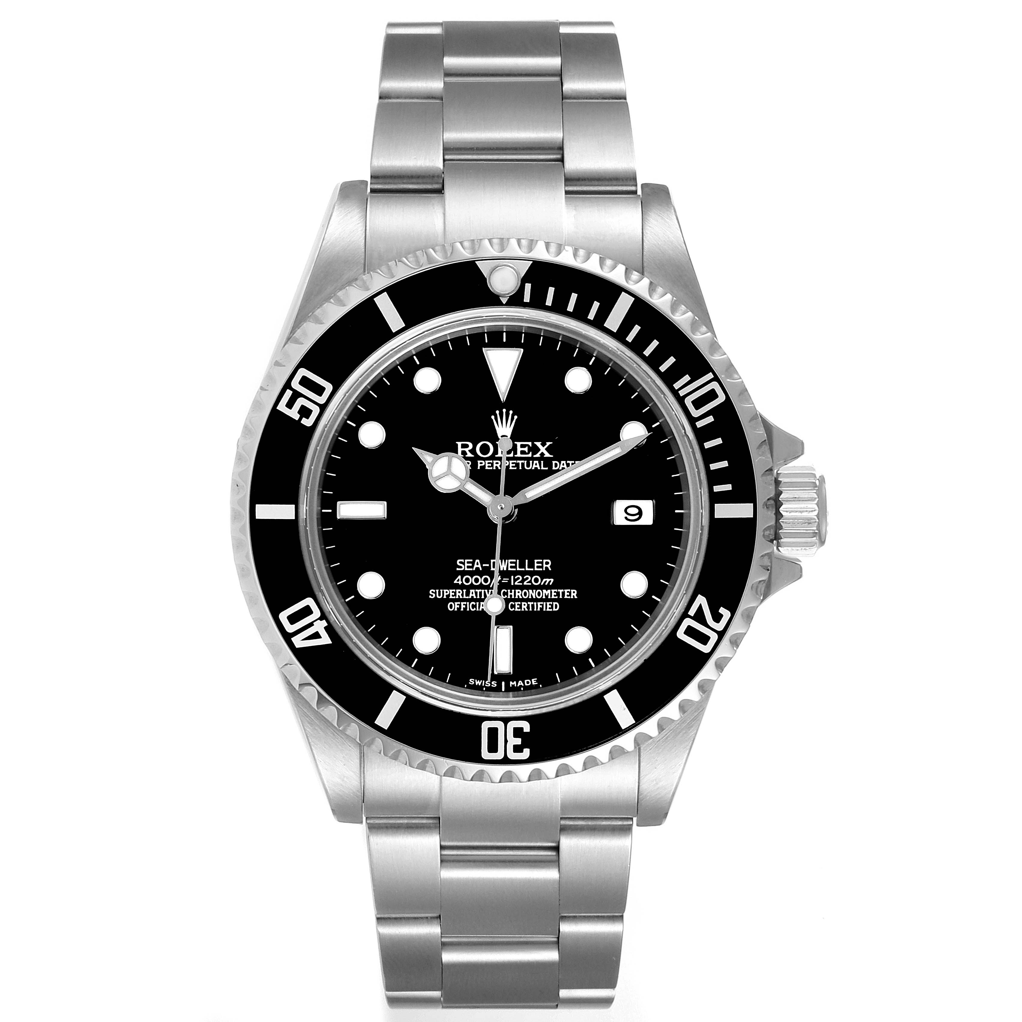 The image shows a frontal view of the Rolex Sea-Dweller 16600 Men
s Stainless Steel Black Dial 16600 Men
s Stainless Steel Black Dial watch, highlighting the dial, bezel, and bracelet.