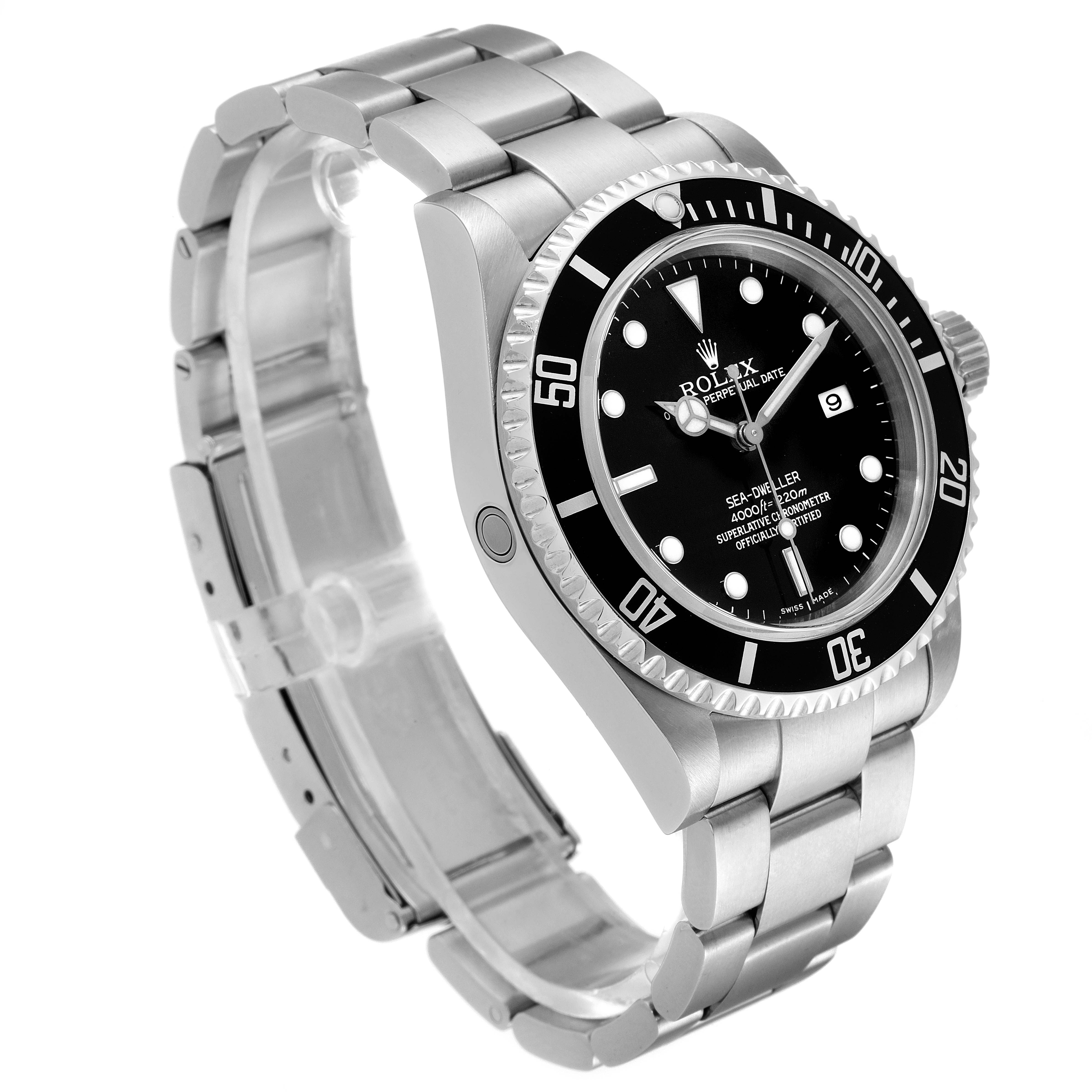 The Rolex Sea-Dweller 16600 Men
s Stainless Steel Black Dial 16600 Men
s Stainless Steel Black Dial watch is shown at a three-quarter angle, highlighting the dial, bezel, and bracelet.