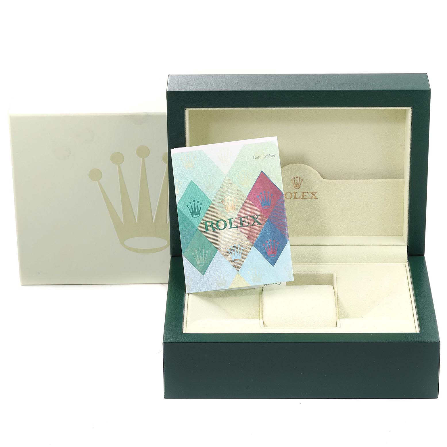 The image shows the open box and warranty card for the Rolex Sea-Dweller 16600 Men
s Stainless Steel Black Dial 16600 Men
s Stainless Steel Black Dial watch, with the card propped up inside the box.