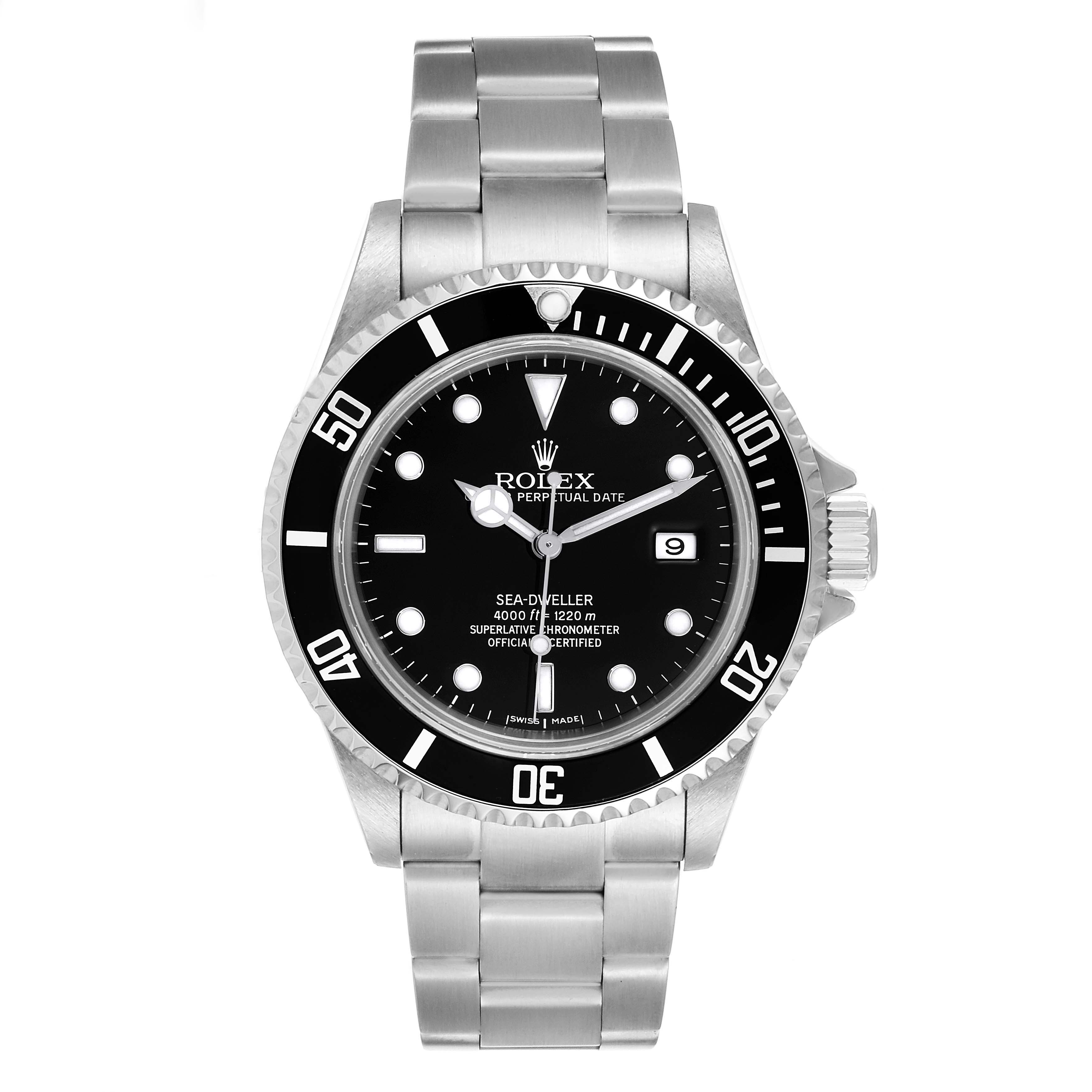 This image shows a front view of the Rolex Sea-Dweller 16600 Men
s Stainless Steel Black Dial 16600 Men
s Stainless Steel Black Dial watch, including the dial, bezel, and bracelet.
