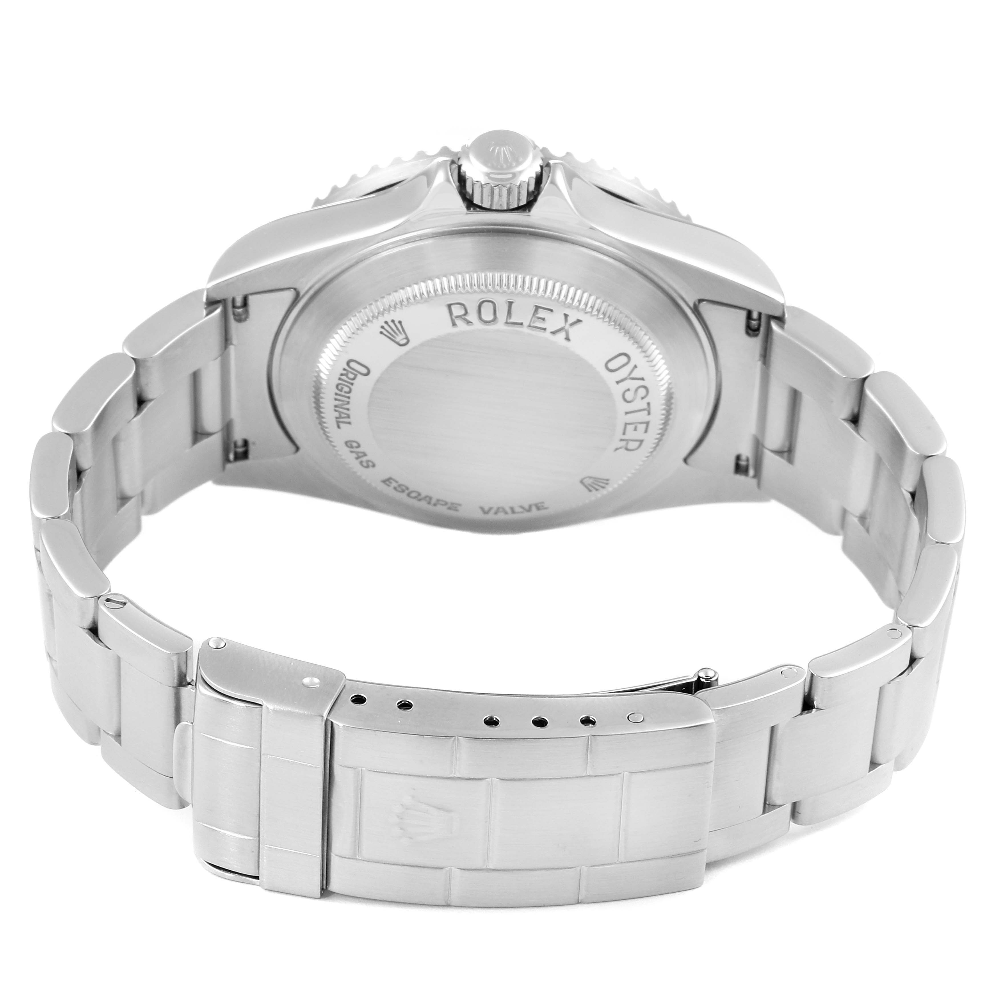 This image shows the back case, crown, and bracelet of a Rolex Sea-Dweller 16600 Men
s Stainless Steel Black Dial 16600 Men
s Stainless Steel Black Dial watch from a rear angle.