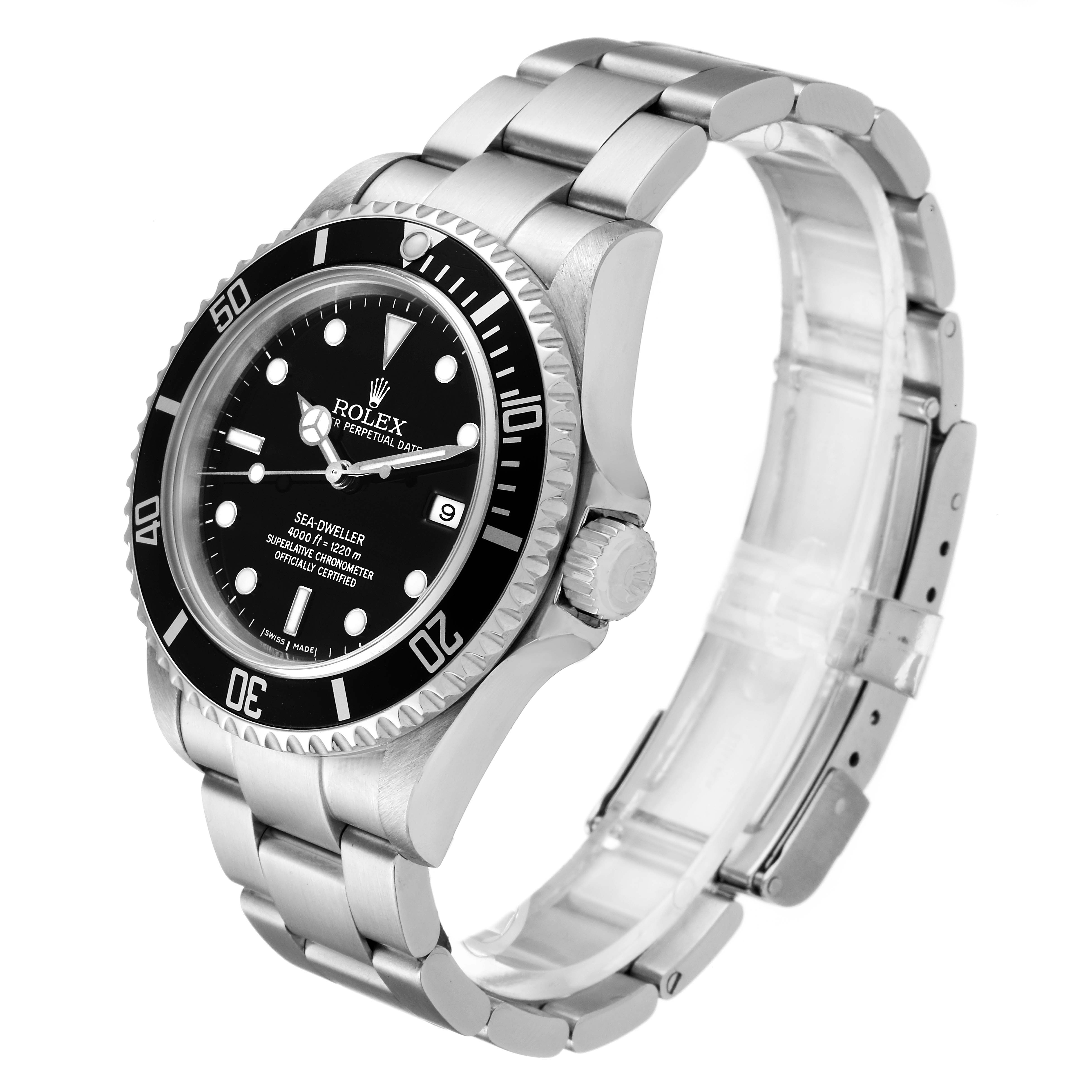 The image shows a side and front angle of a Rolex Sea-Dweller 16600 Men
s Stainless Steel Black Dial 16600 Men
s Stainless Steel Black Dial, displaying the watch face, bezel, and stainless steel bracelet.