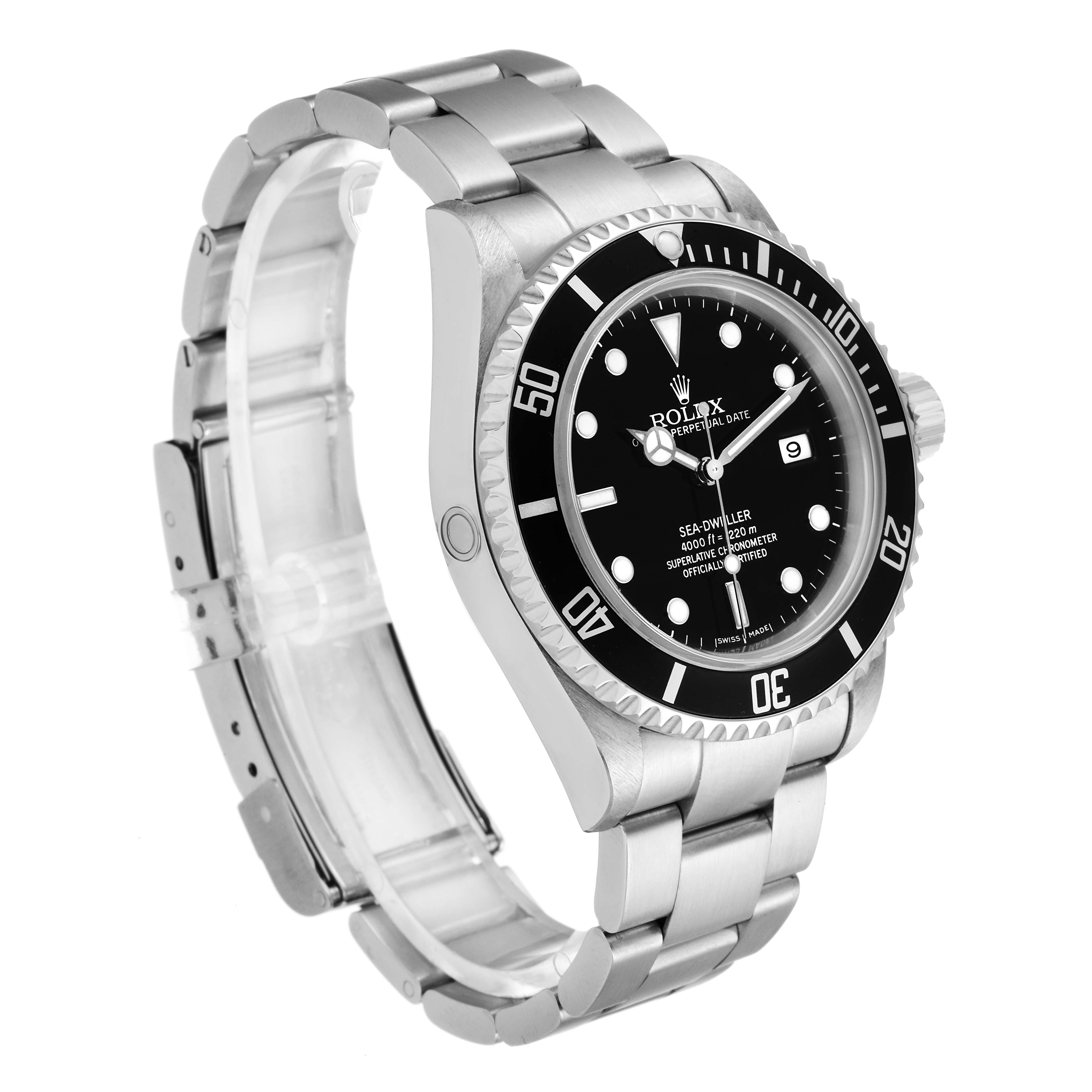 The Rolex Sea-Dweller 16600 Men
s Stainless Steel Black Dial 16600 Men
s Stainless Steel Black Dial watch is shown at an angled side view, displaying its face, bezel, case, and metal bracelet.